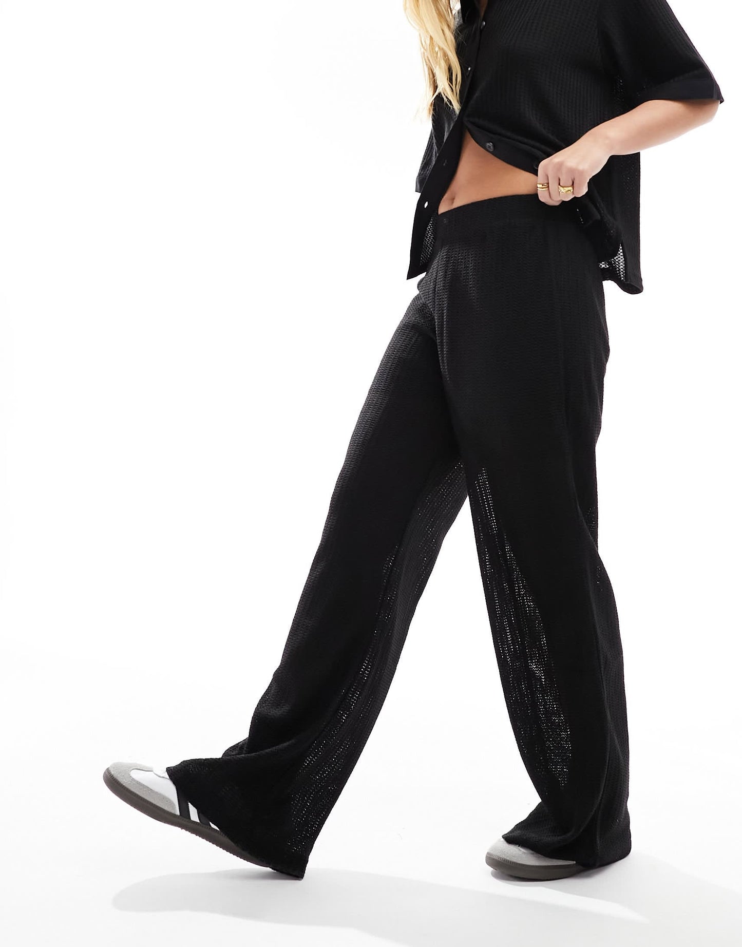 Vero Moda crochet wide leg trouser co-ord in black