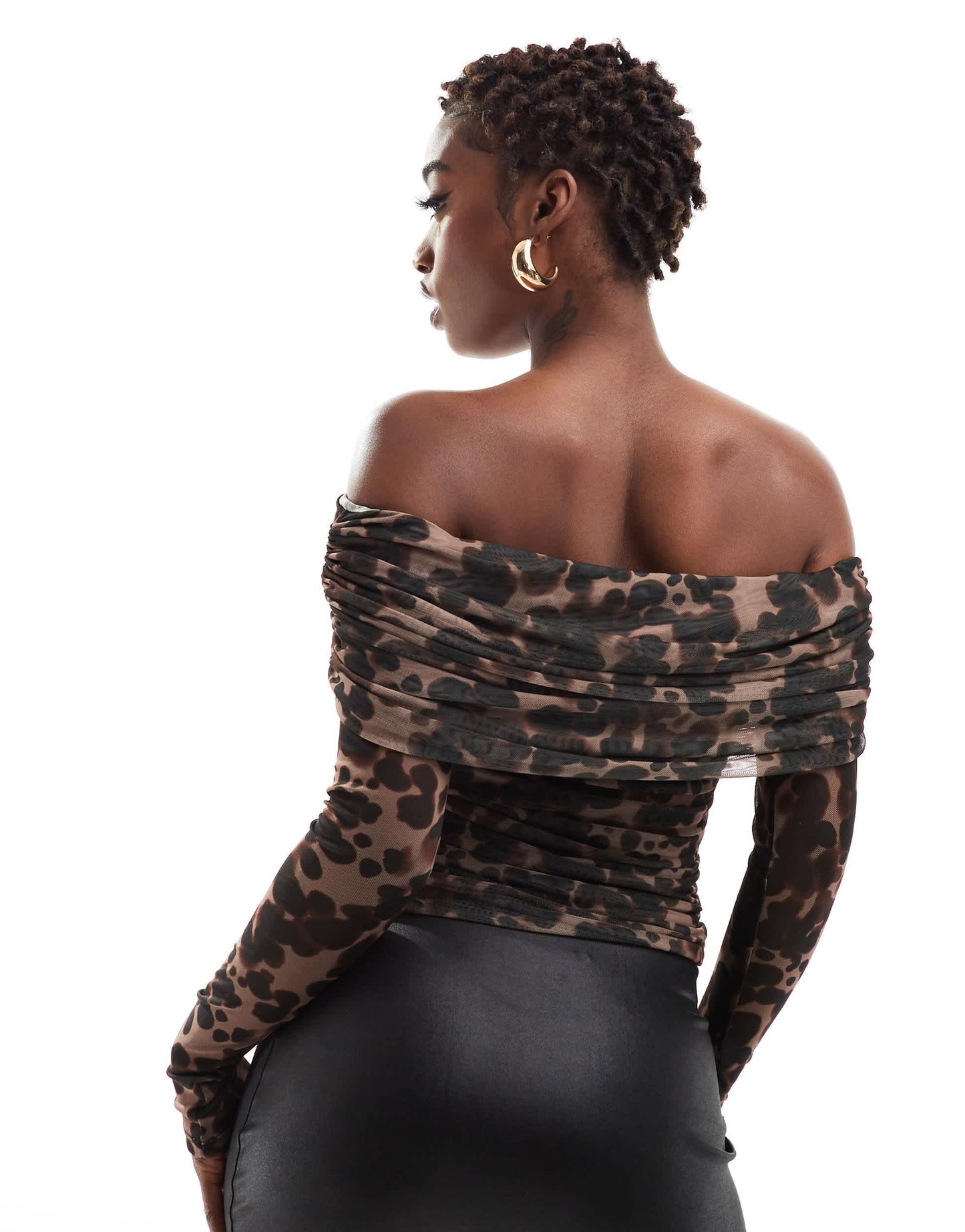 ASOS DESIGN bardot mesh long sleeve top in leopard printed mesh