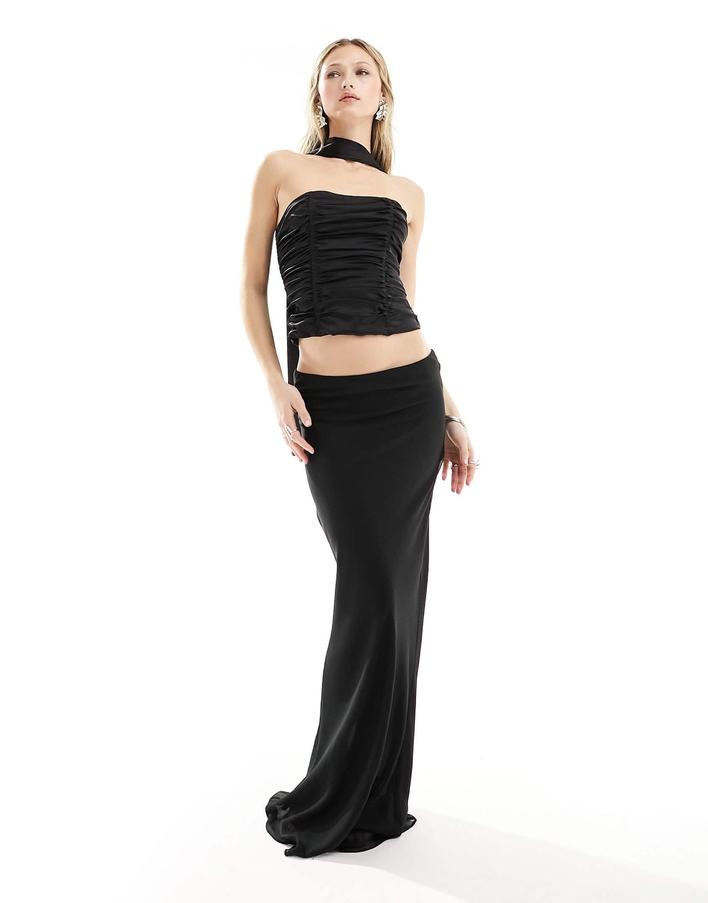 Lioness satin ruched bandeau top with scarf neck co-ord in black