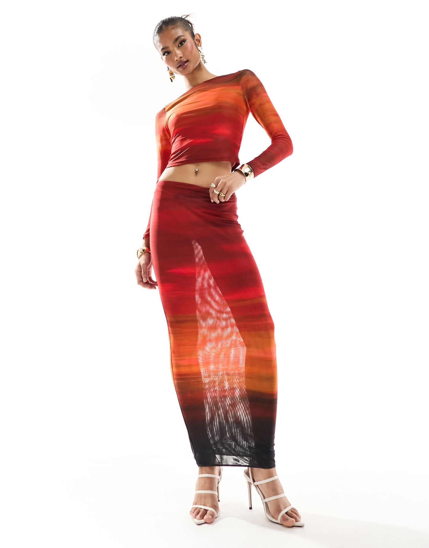 Farai London Cleo mesh long sleeve top and midi skirt set in red ombre