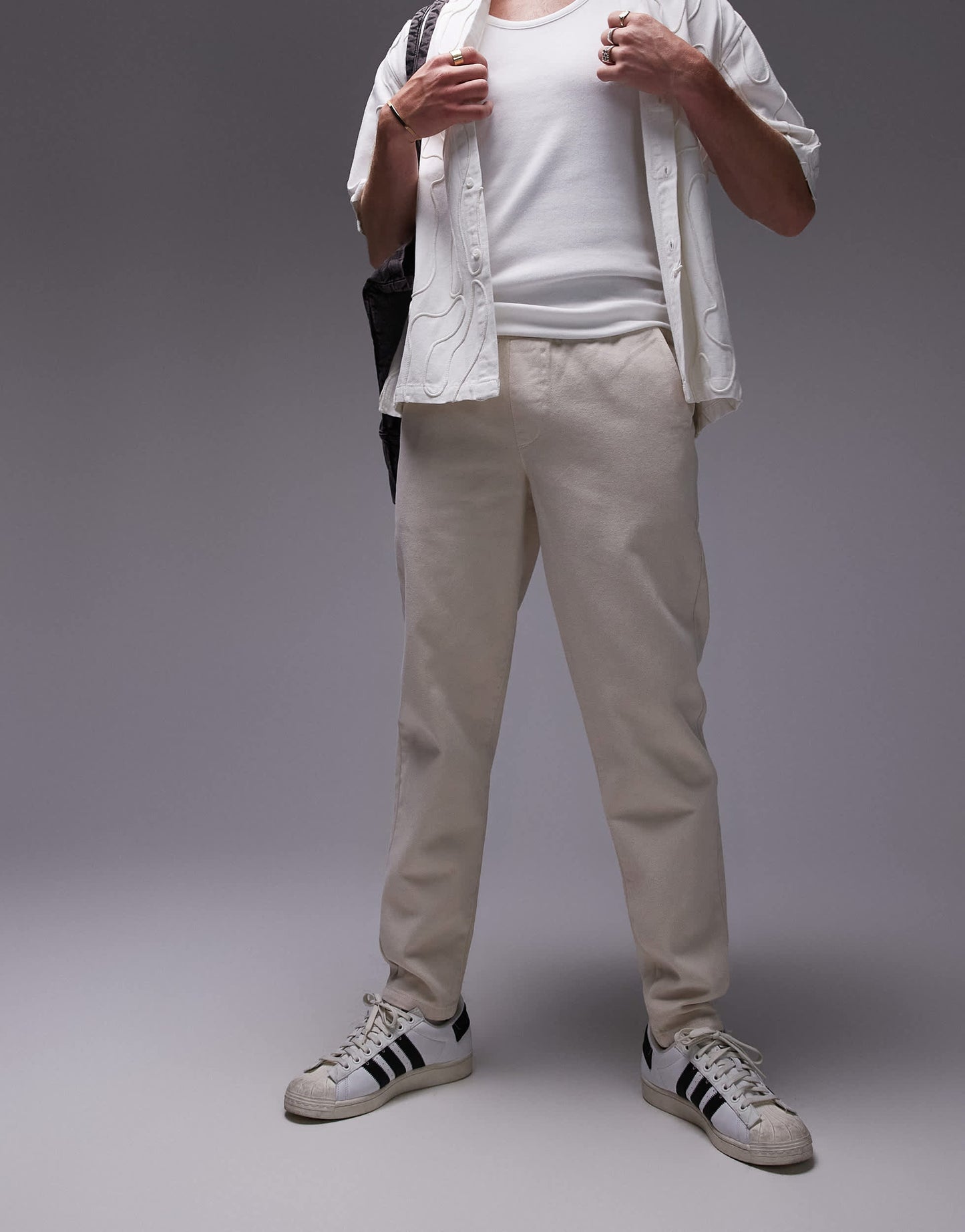 Topman taper trousers with elasticated waistband in ecru