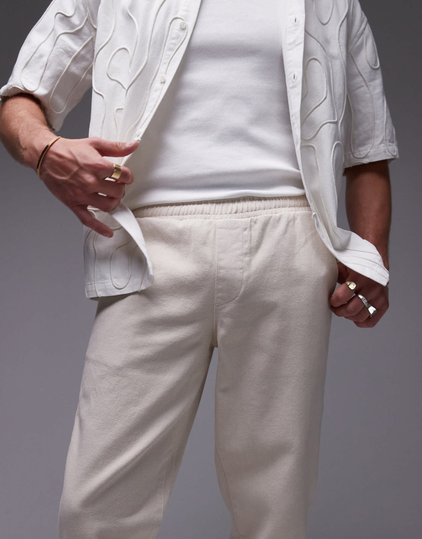 Topman taper trousers with elasticated waistband in ecru