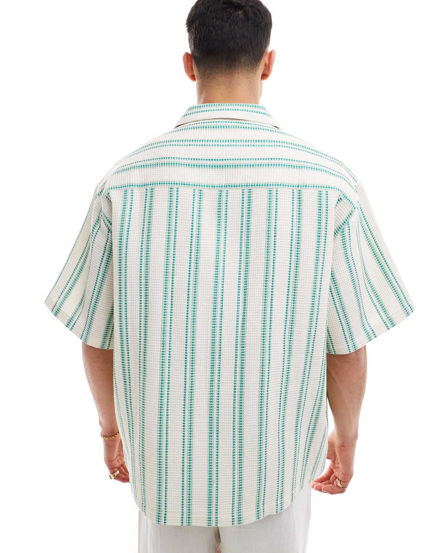 ASOS DESIGN oversized revere shirt in green waffle stripe