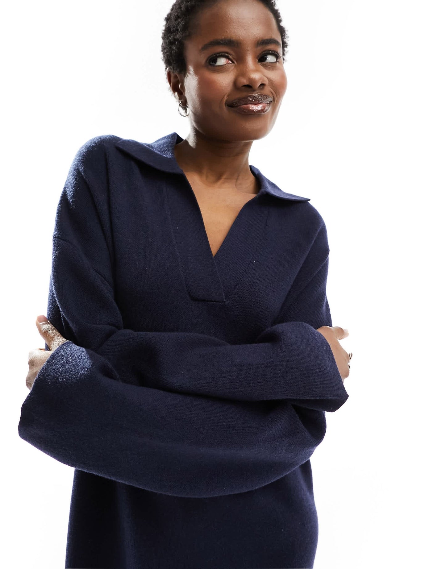 Monki knitted polo collar midi long sleeve dress in navy