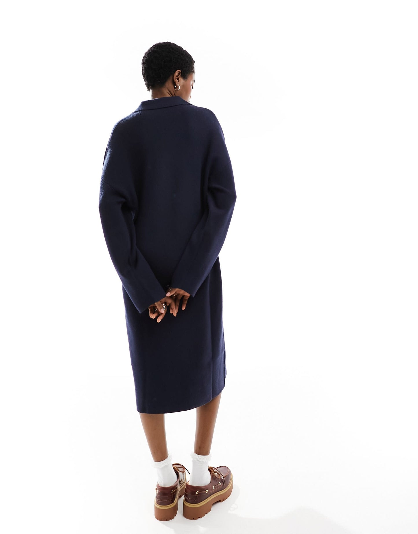 Monki knitted polo collar midi long sleeve dress in navy