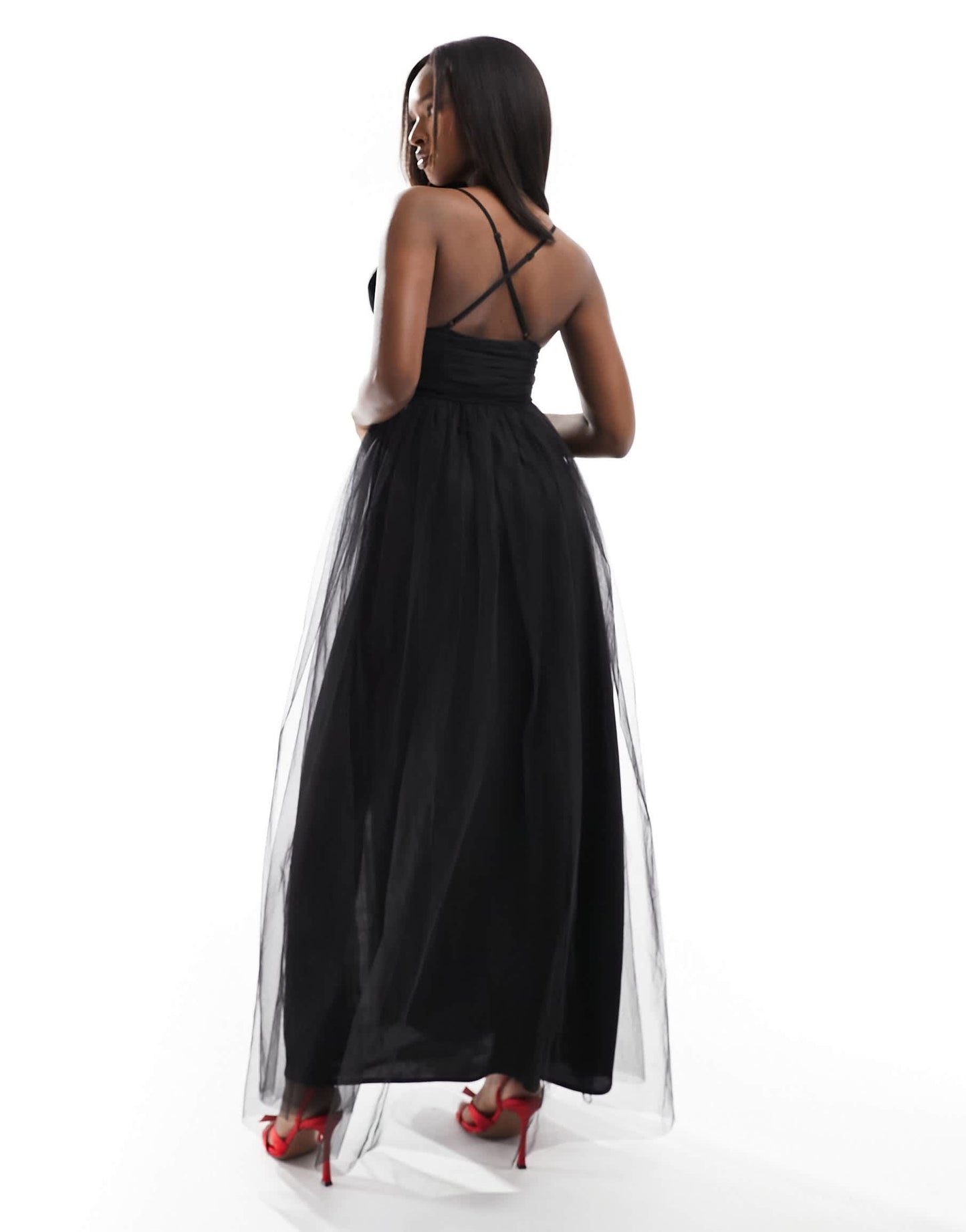 Lace & Beads cross back tulle maxi dress in black