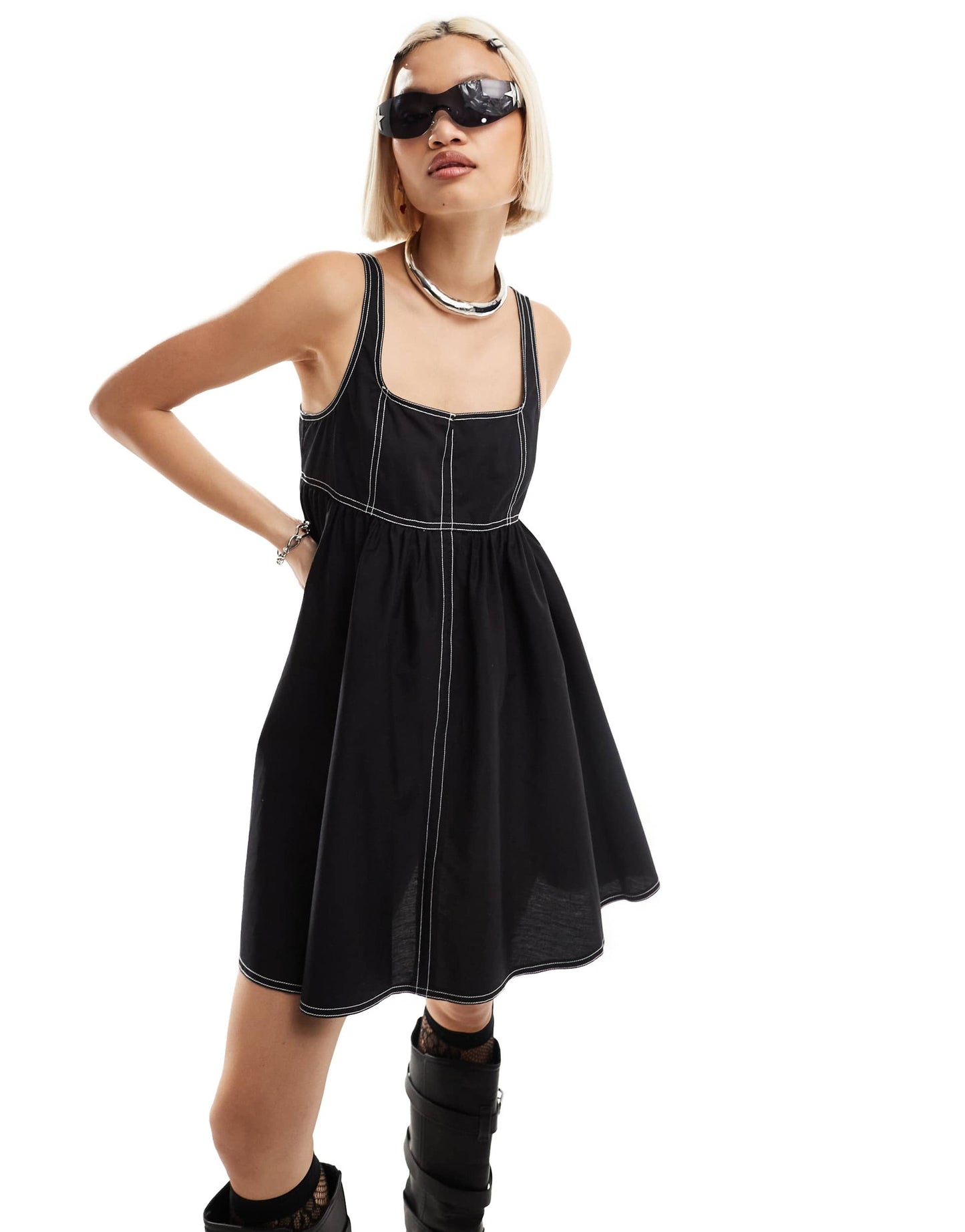 COLLUSION cotton mini smock dress with notch neck in black