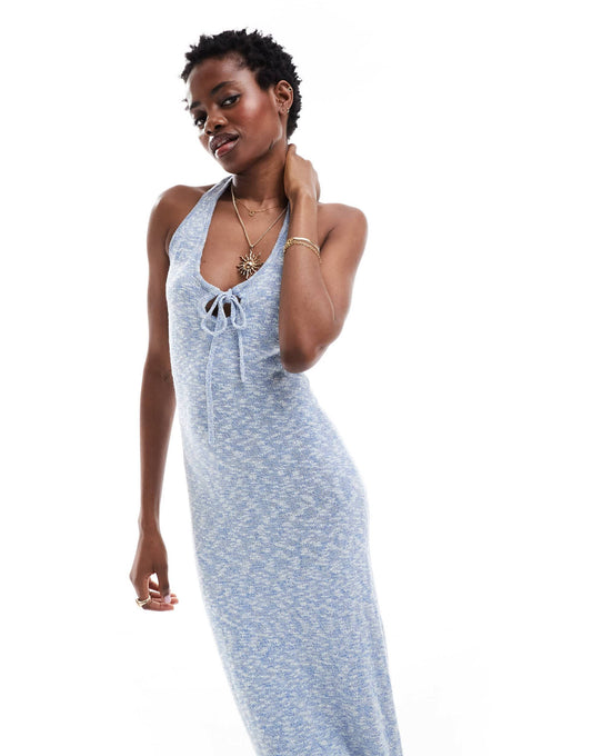 ASOS DESIGN knitted midaxi dress with contrast trim and tie front in blue