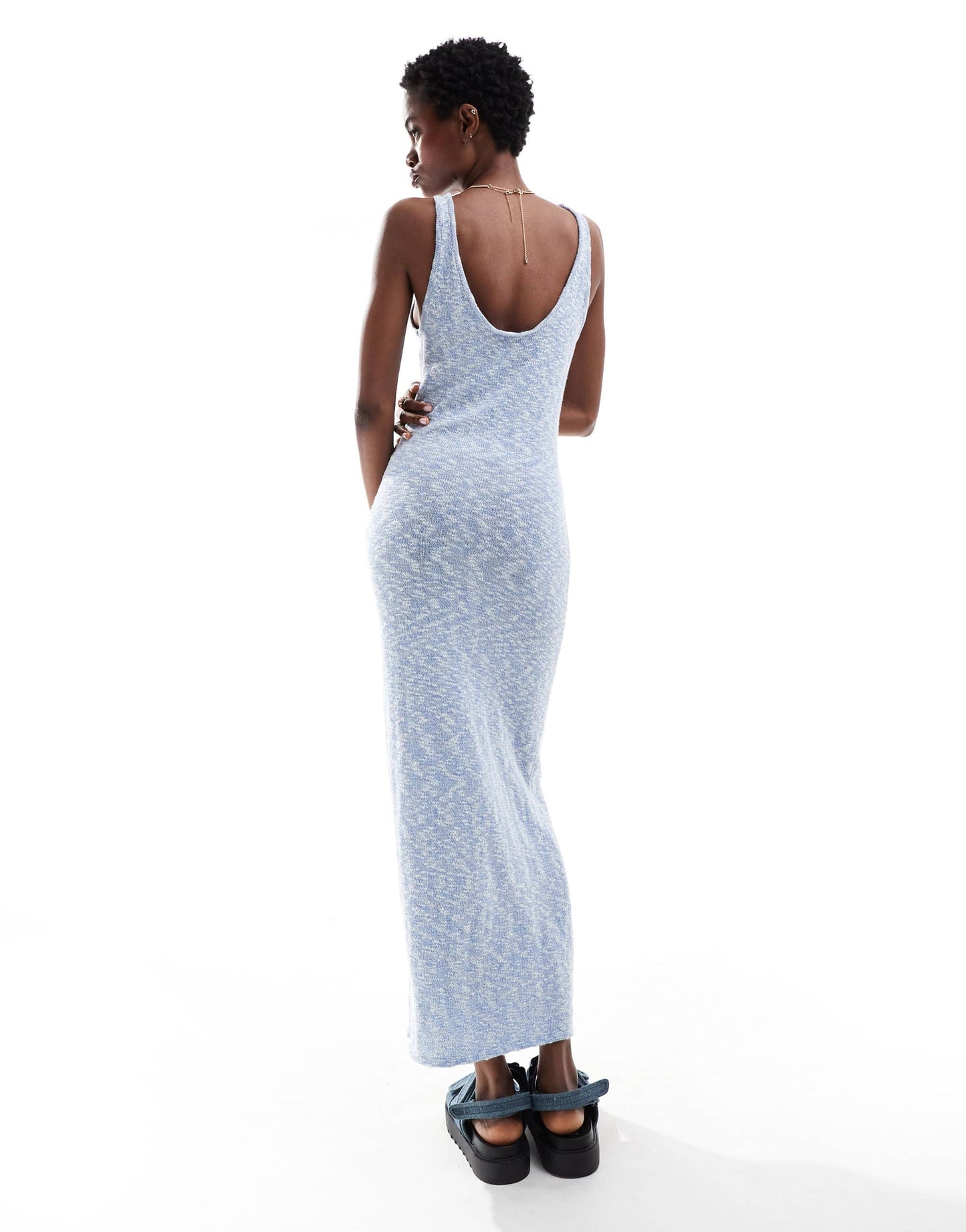ASOS DESIGN knitted midaxi dress with contrast trim and tie front in blue
