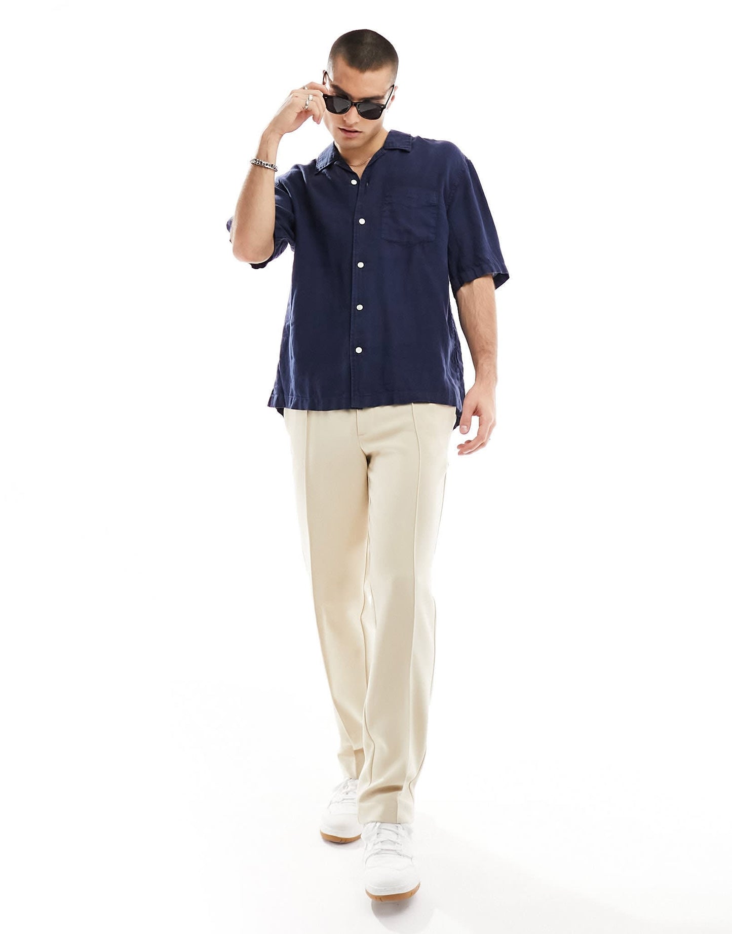GANT short sleeve garment dyed linen revere collar shirt relaxed fit in navy