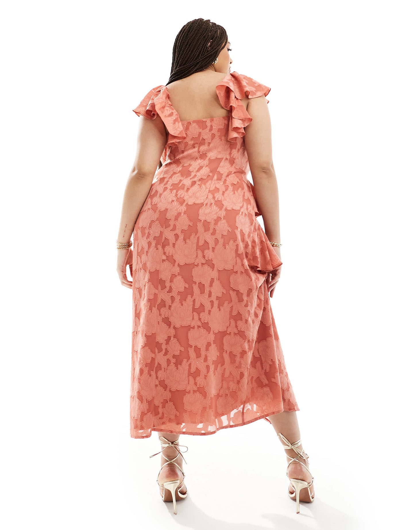 Pretty Lavish Curve jacquard floral ruffle midaxi dress in terracotta
