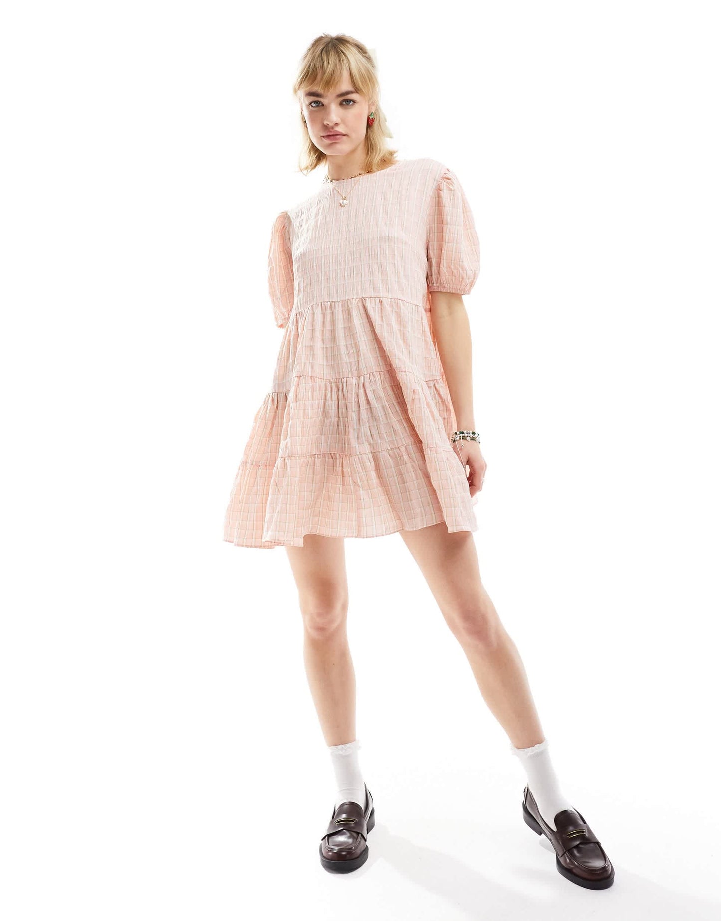Glamorous short sleeve pleated smock dress in seersucker pink check