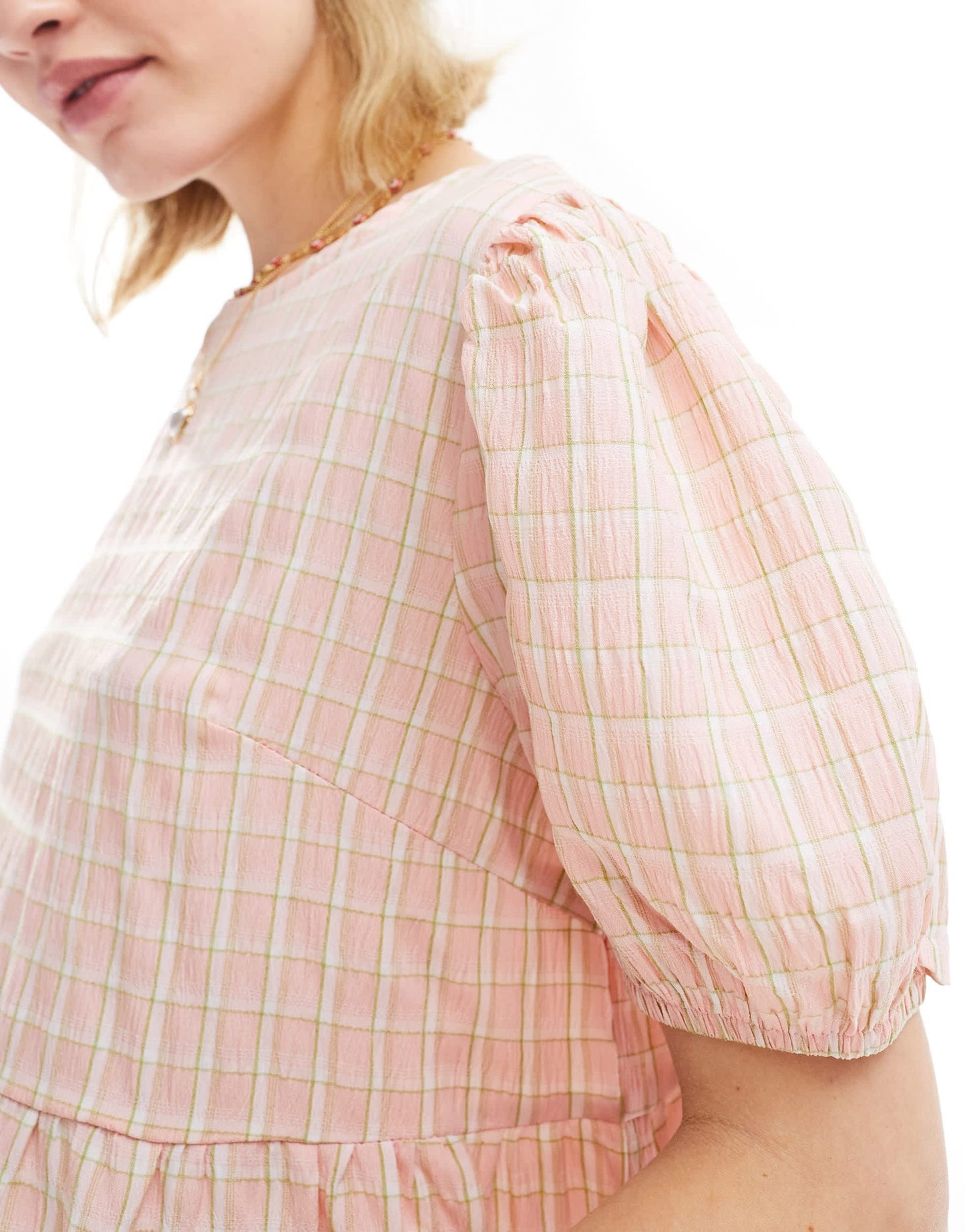 Glamorous short sleeve pleated smock dress in seersucker pink check