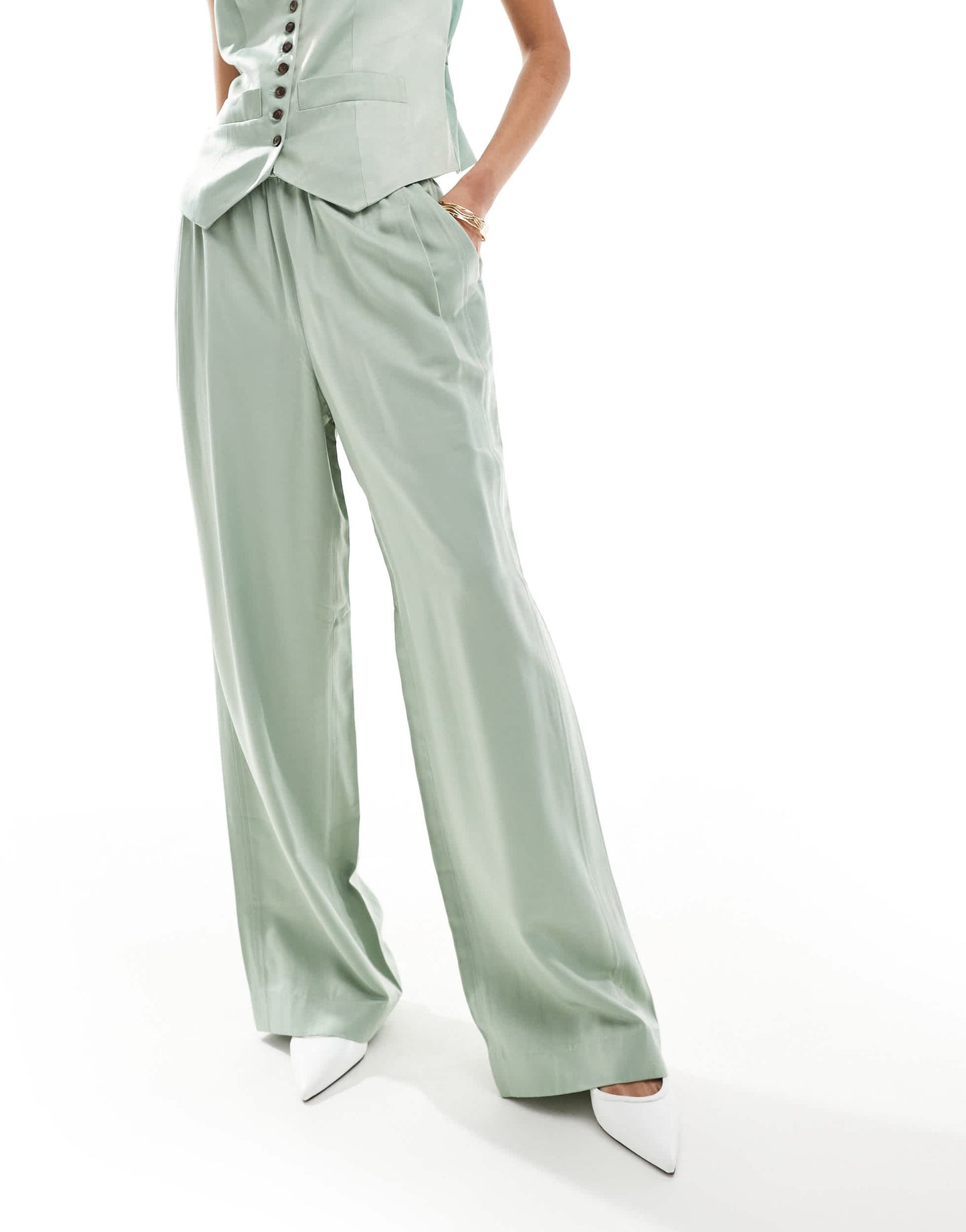 Whistles Rita luxe elasticated waist trouser in sage green co-ord