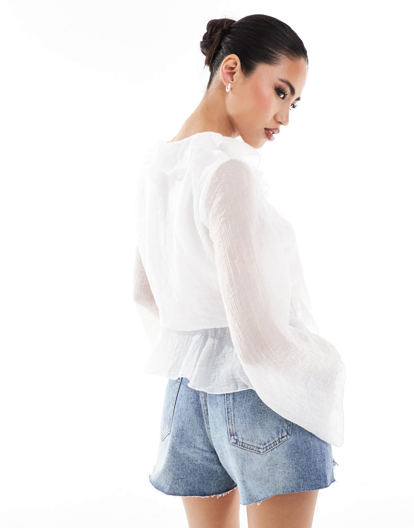 In The Style x Perrie Sian frill tie front top in white