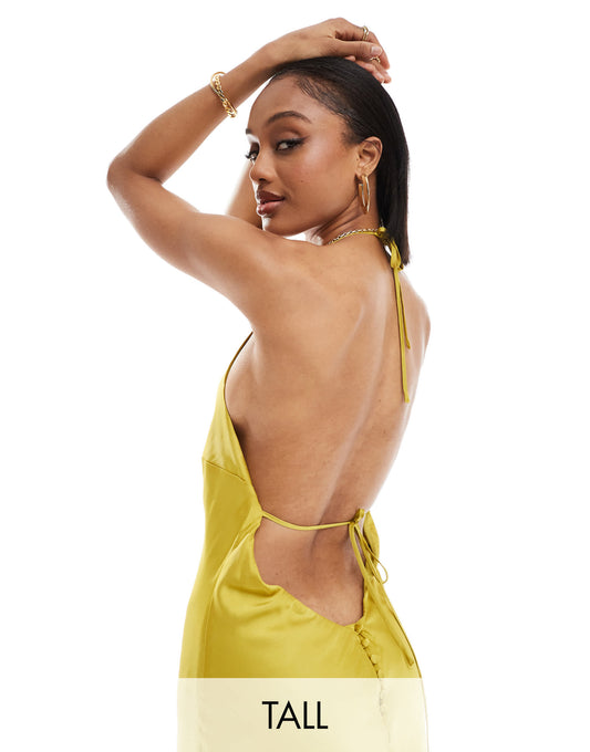 TFNC Bridesmaids Tall satin maxi dress with tie back and button detail in lime