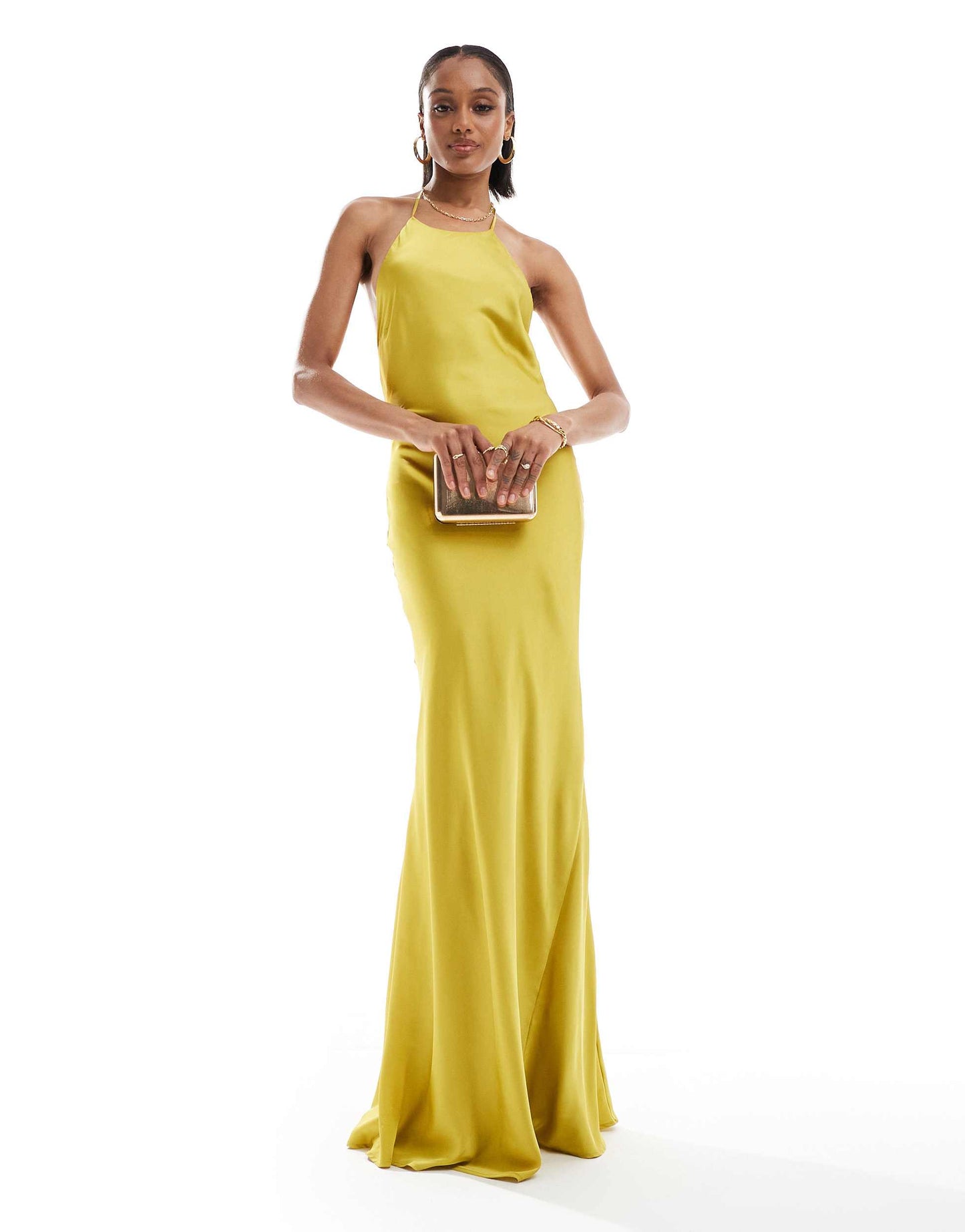 TFNC Bridesmaids Tall satin maxi dress with tie back and button detail in lime