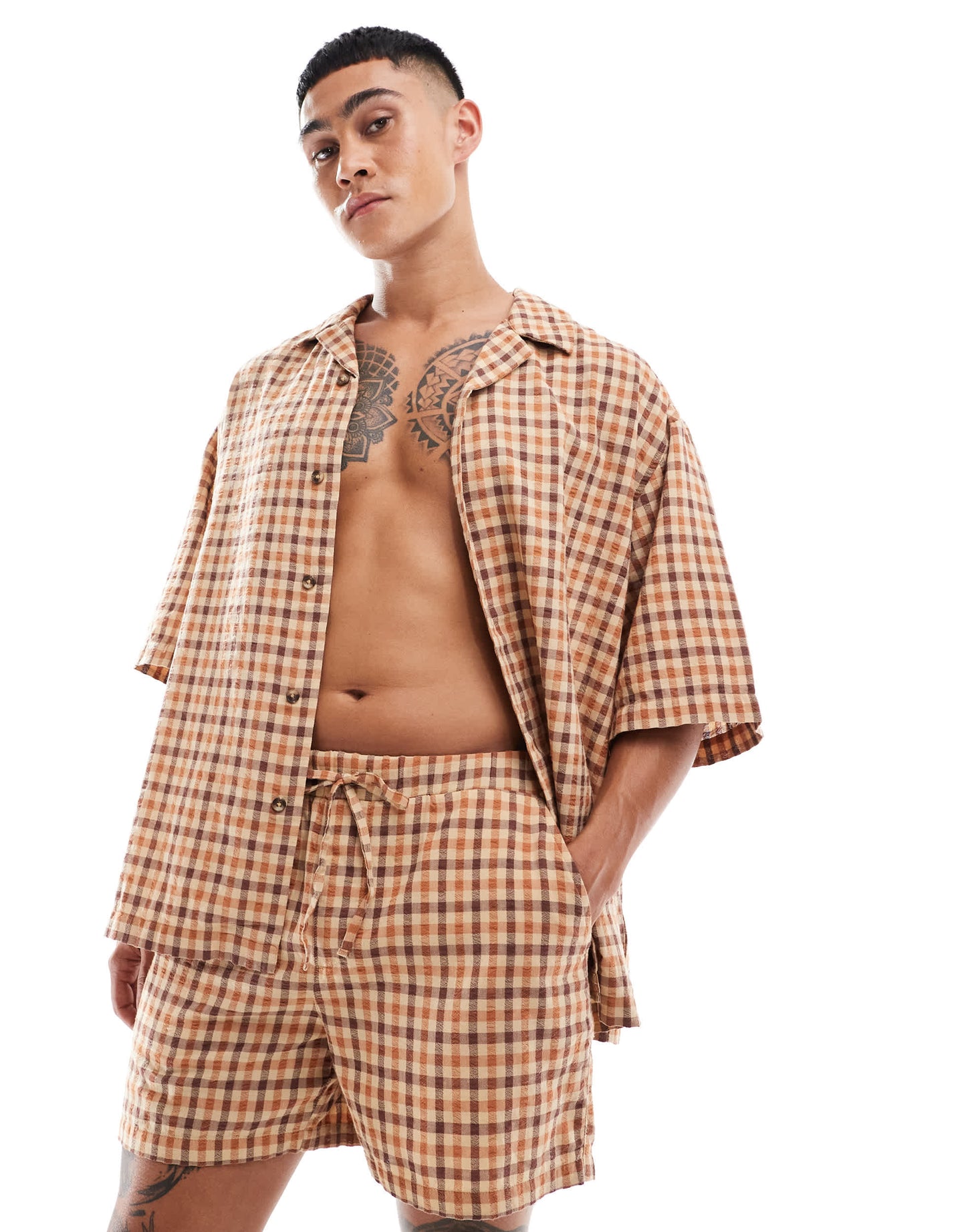 ASOS DESIGN gingham check shorts co-ord in brown
