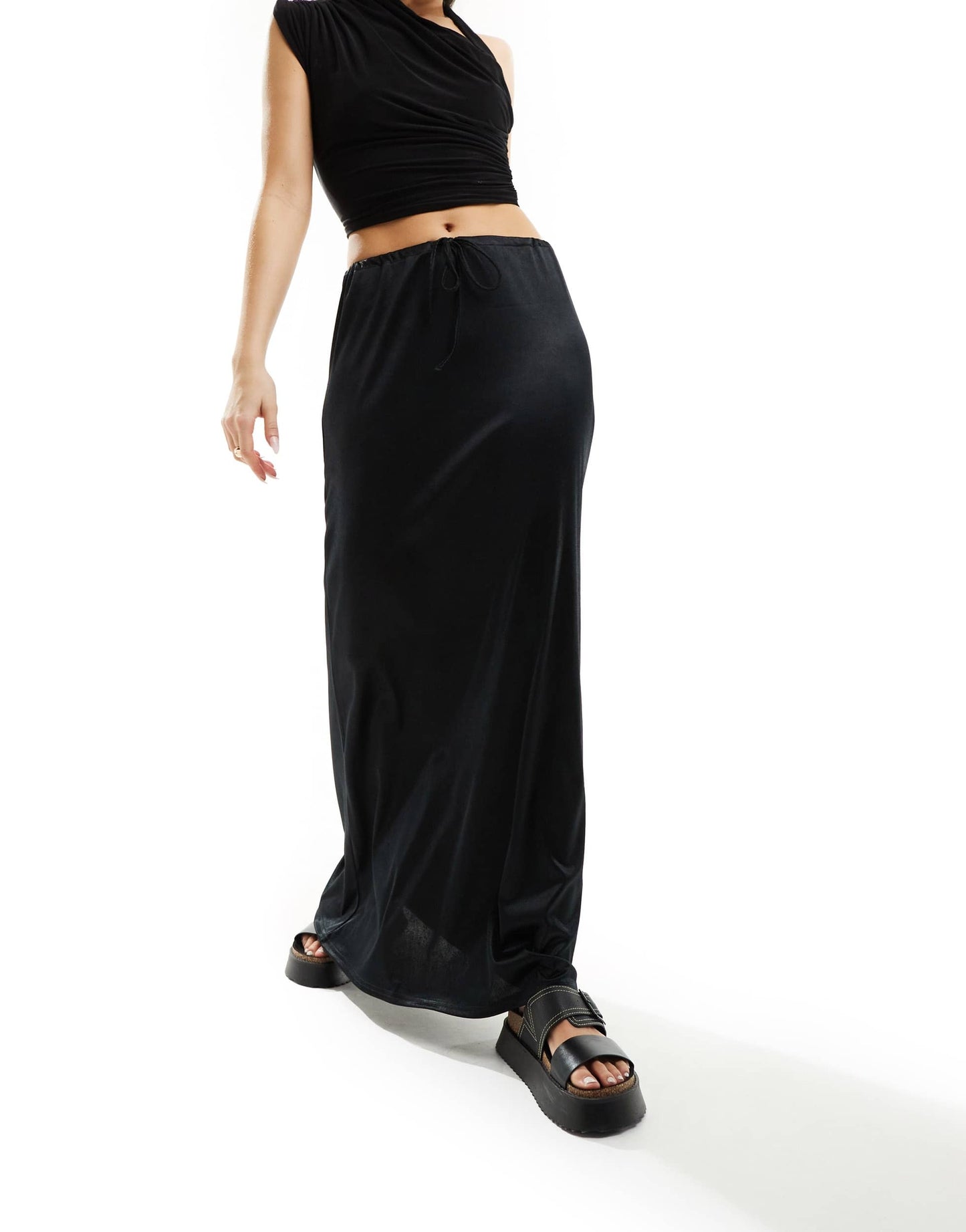 ASOS DESIGN satin twill ruched tie waist maxi skirt in black