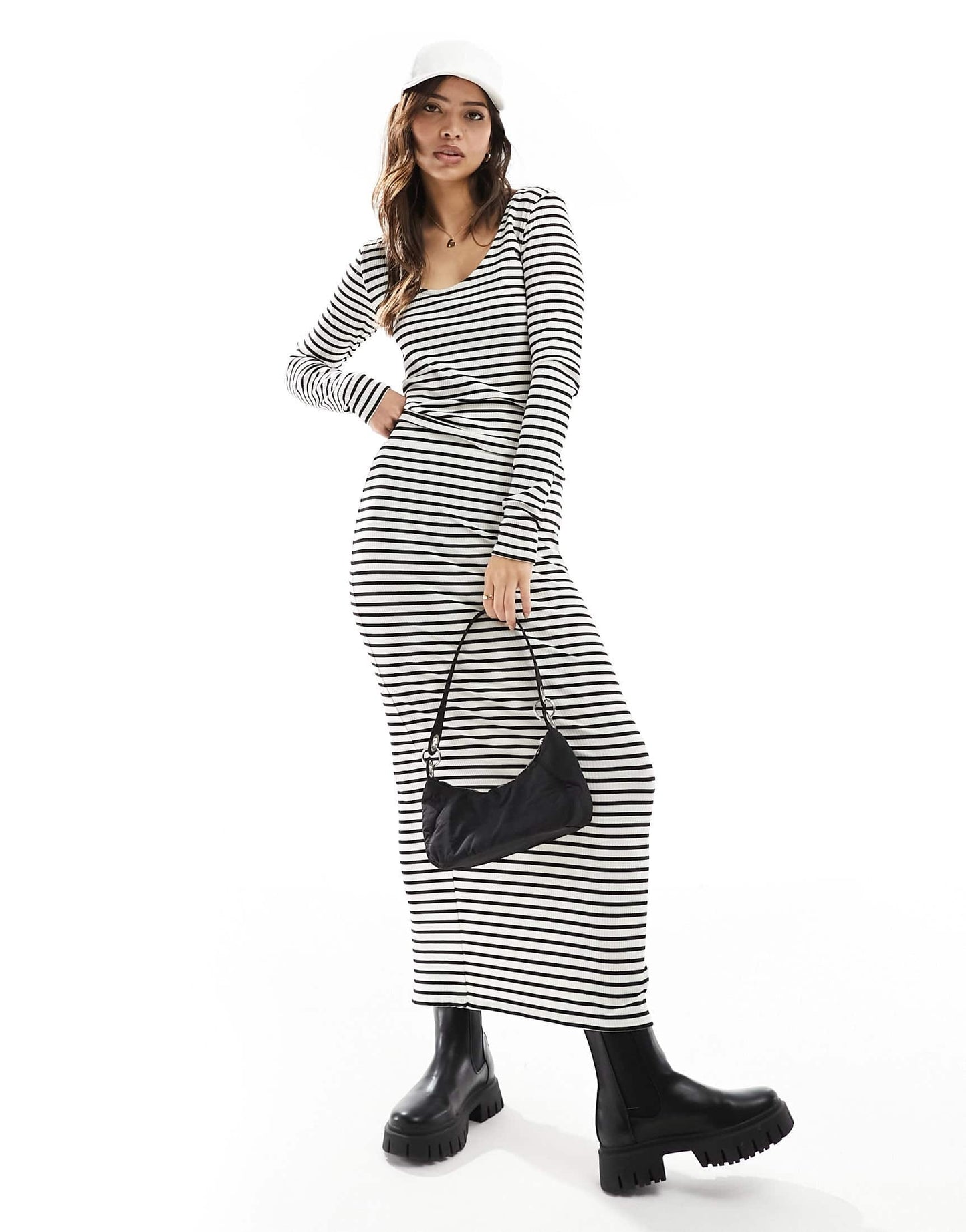Pieces ribbed long sleeved scoop back top co-ord in cream and black stripe