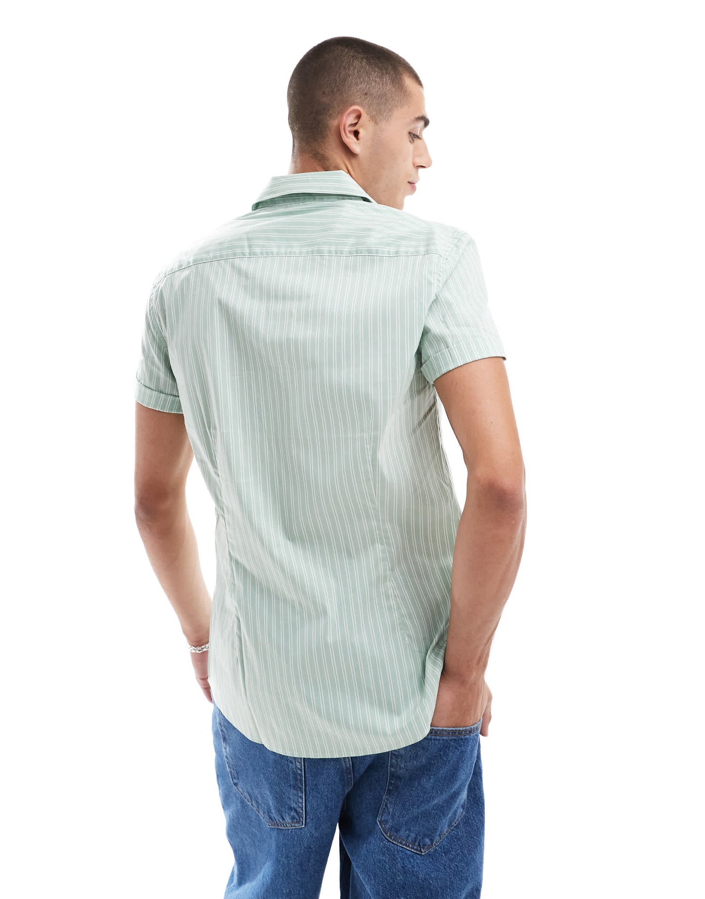 ASOS DESIGN slim work shirt in green and white stripe