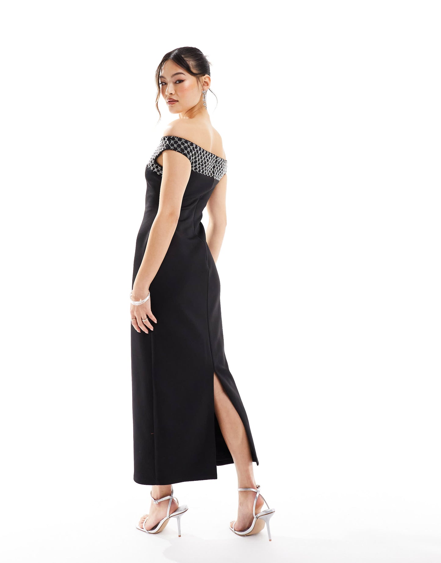 ASOS DESIGN embellished panel bardot midi dress in black