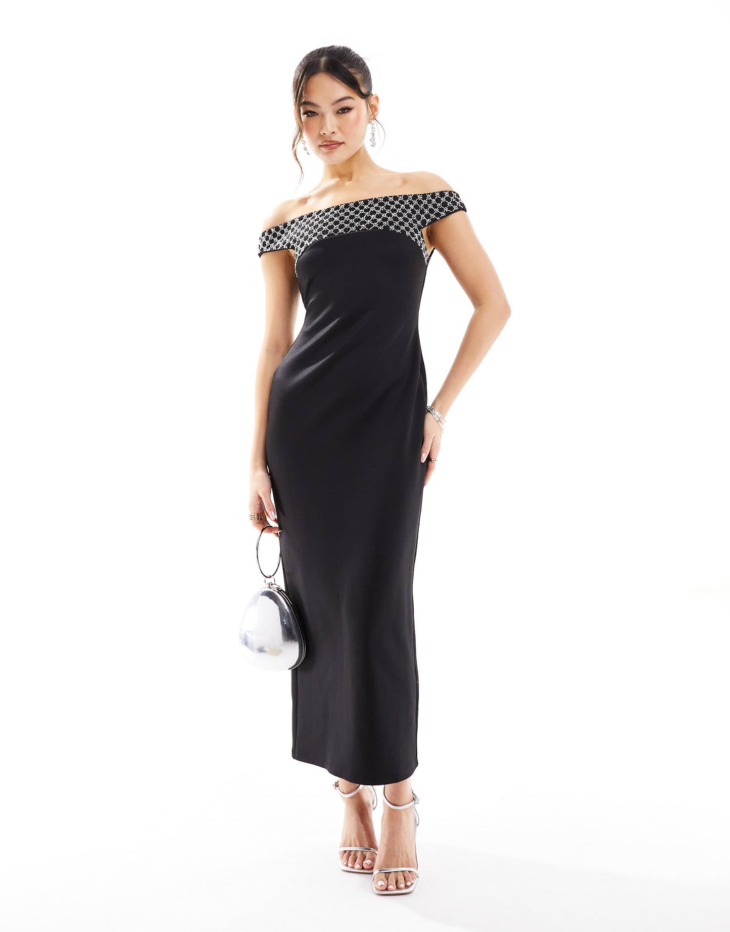 ASOS DESIGN embellished panel bardot midi dress in black