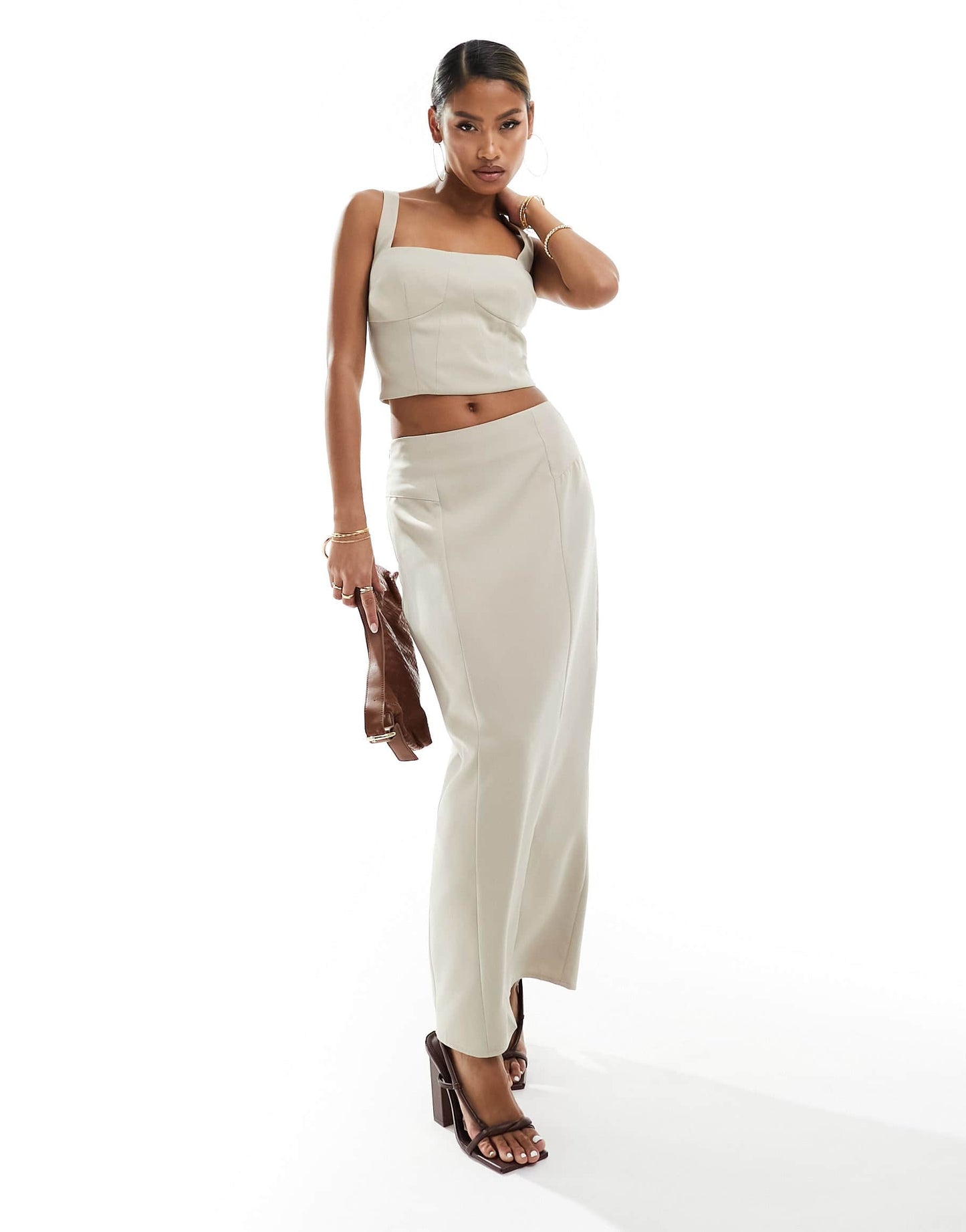 Kaiia exclusive tailored square neck structured top co-ord in beige
