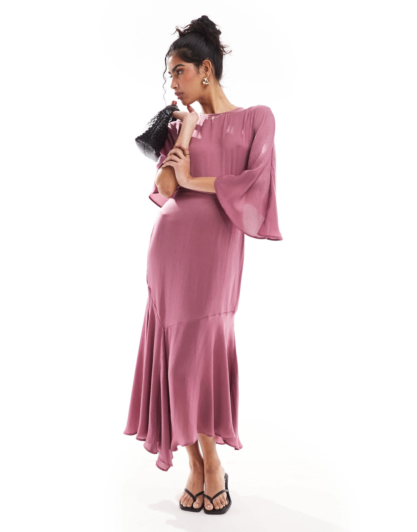 ASOS DESIGN satin flutter sleeve asymmetric hem midi dress in plum