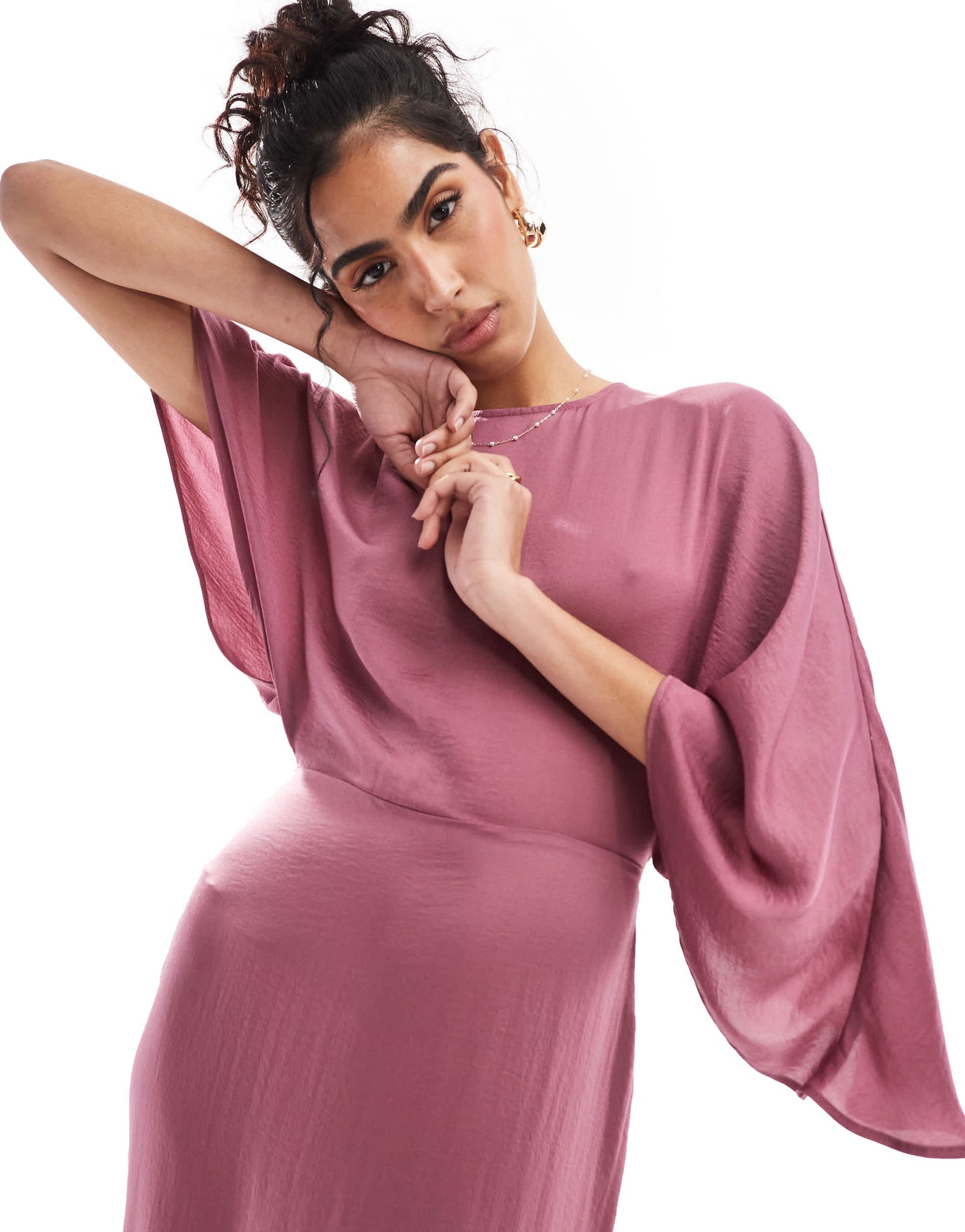 ASOS DESIGN satin flutter sleeve asymmetric hem midi dress in plum