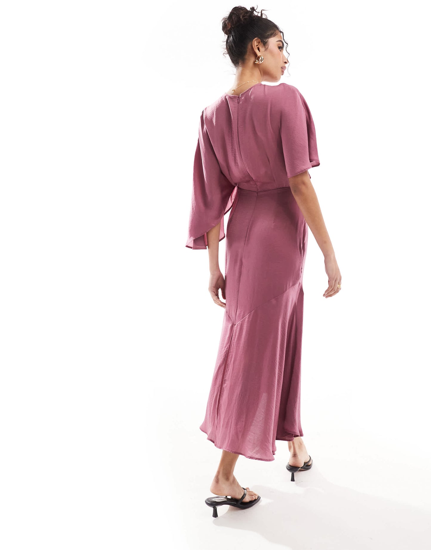 ASOS DESIGN satin flutter sleeve asymmetric hem midi dress in plum
