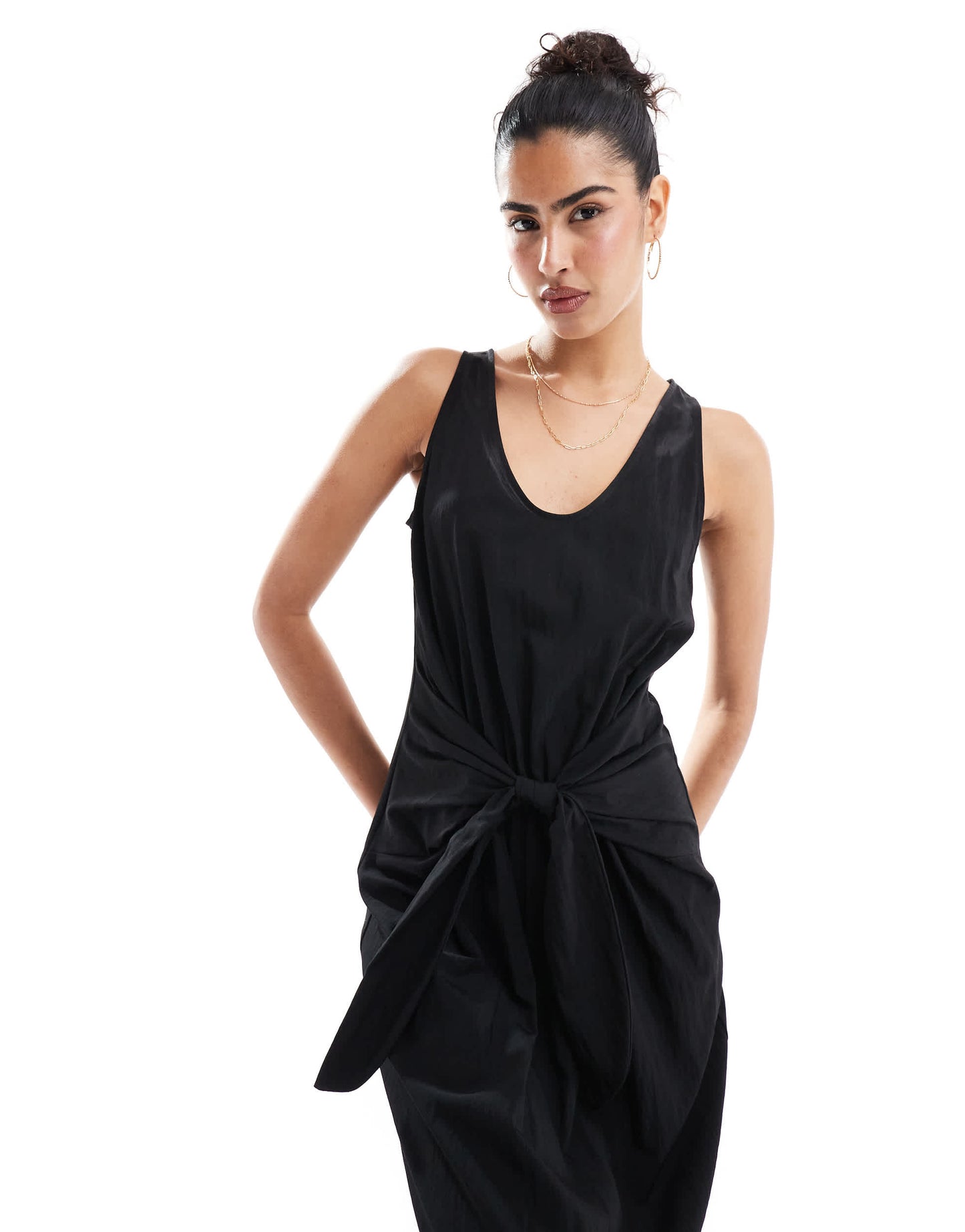 ASOS DESIGN scoop neck tie front midi dress in black