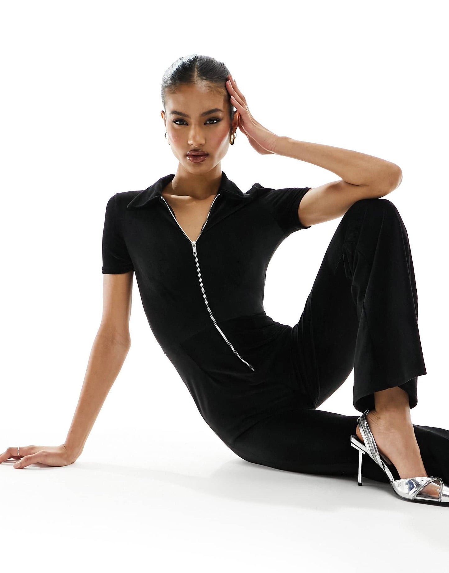 Fashionkilla stretch cord zip through tie back jumpsuit in black