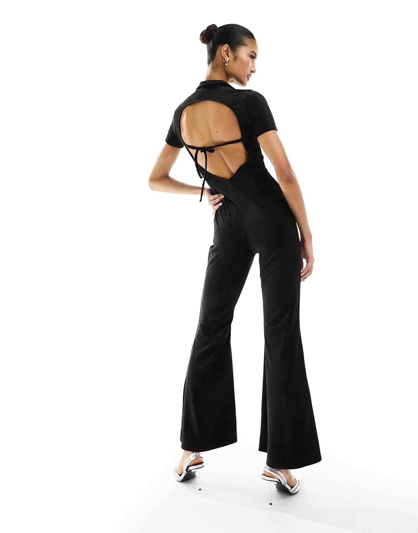 Fashionkilla stretch cord zip through tie back jumpsuit in black
