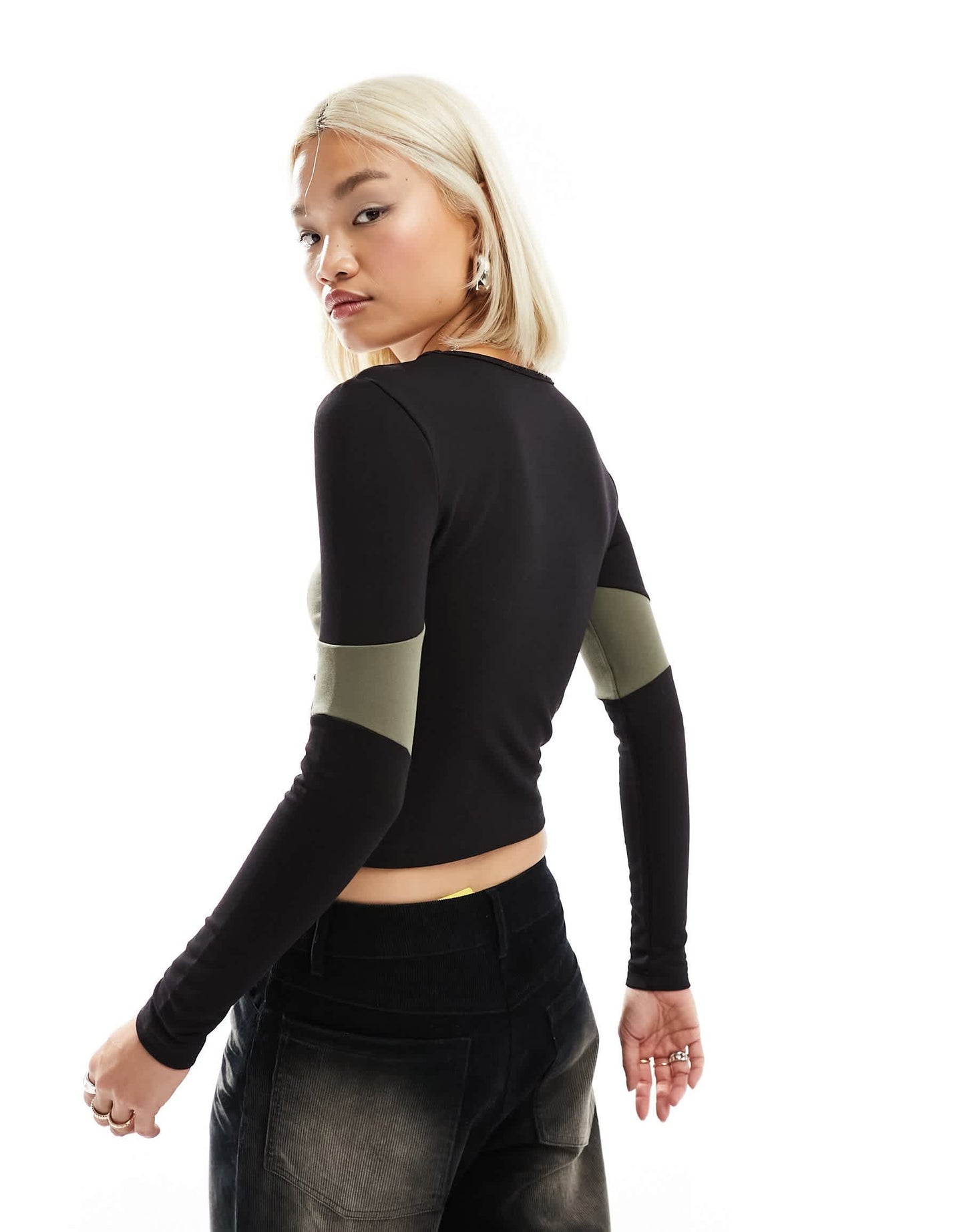 The Kript long sleeve fitted contrast top with cut out in black and khaki