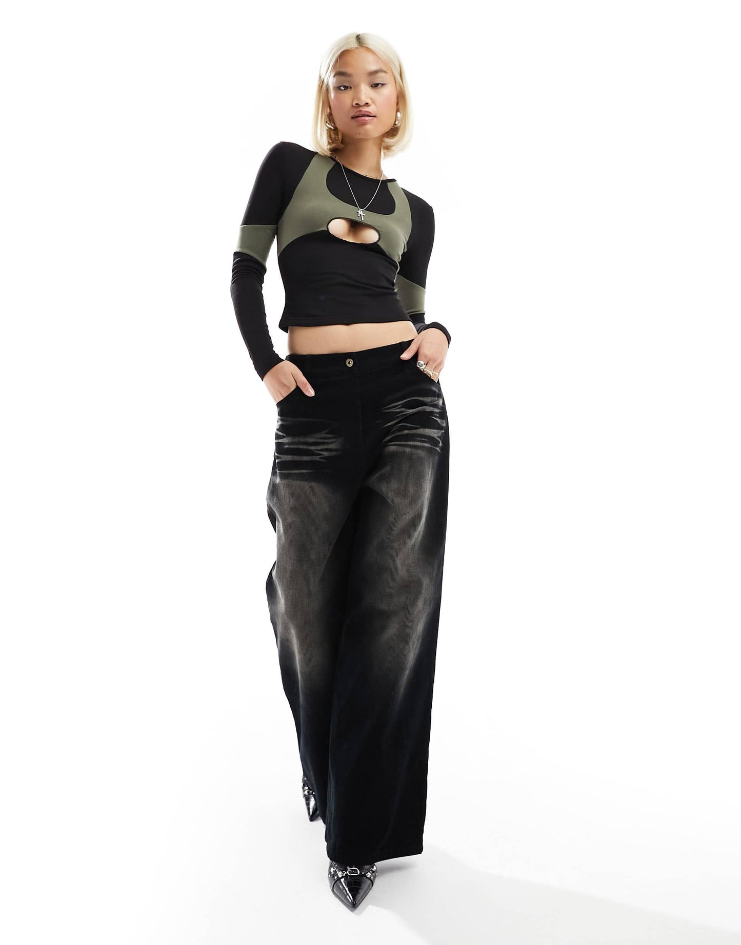 The Kript long sleeve fitted contrast top with cut out in black and khaki