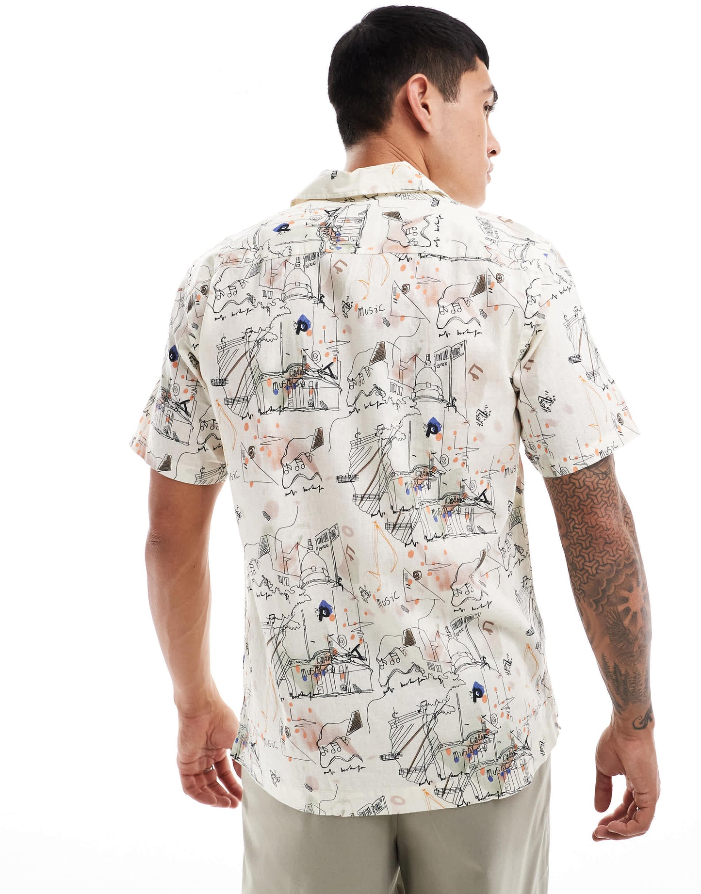 Pretty Green music sketch print short sleeve linen shirt in ecru