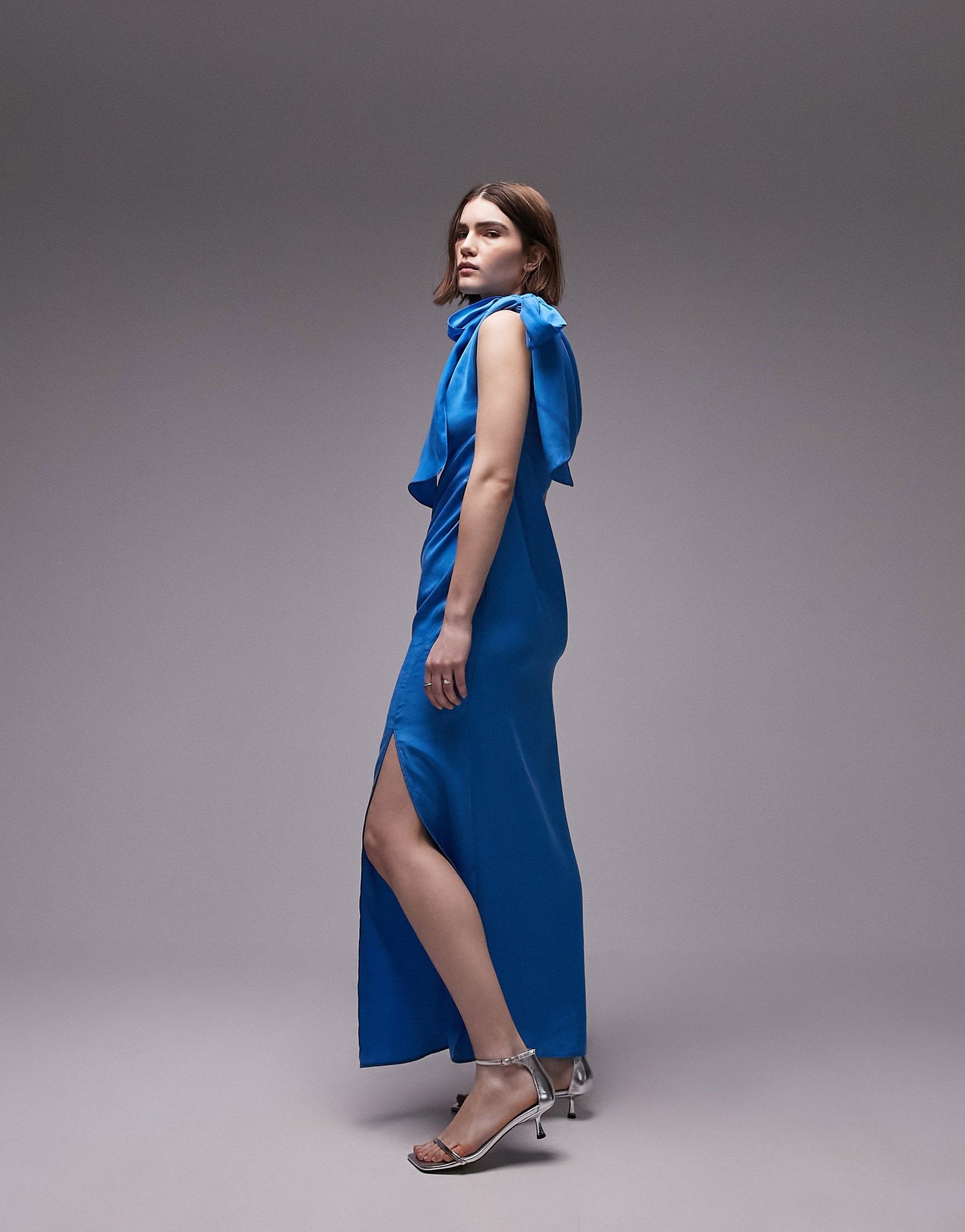 Topshop premium cupro draped maxi dress in blue