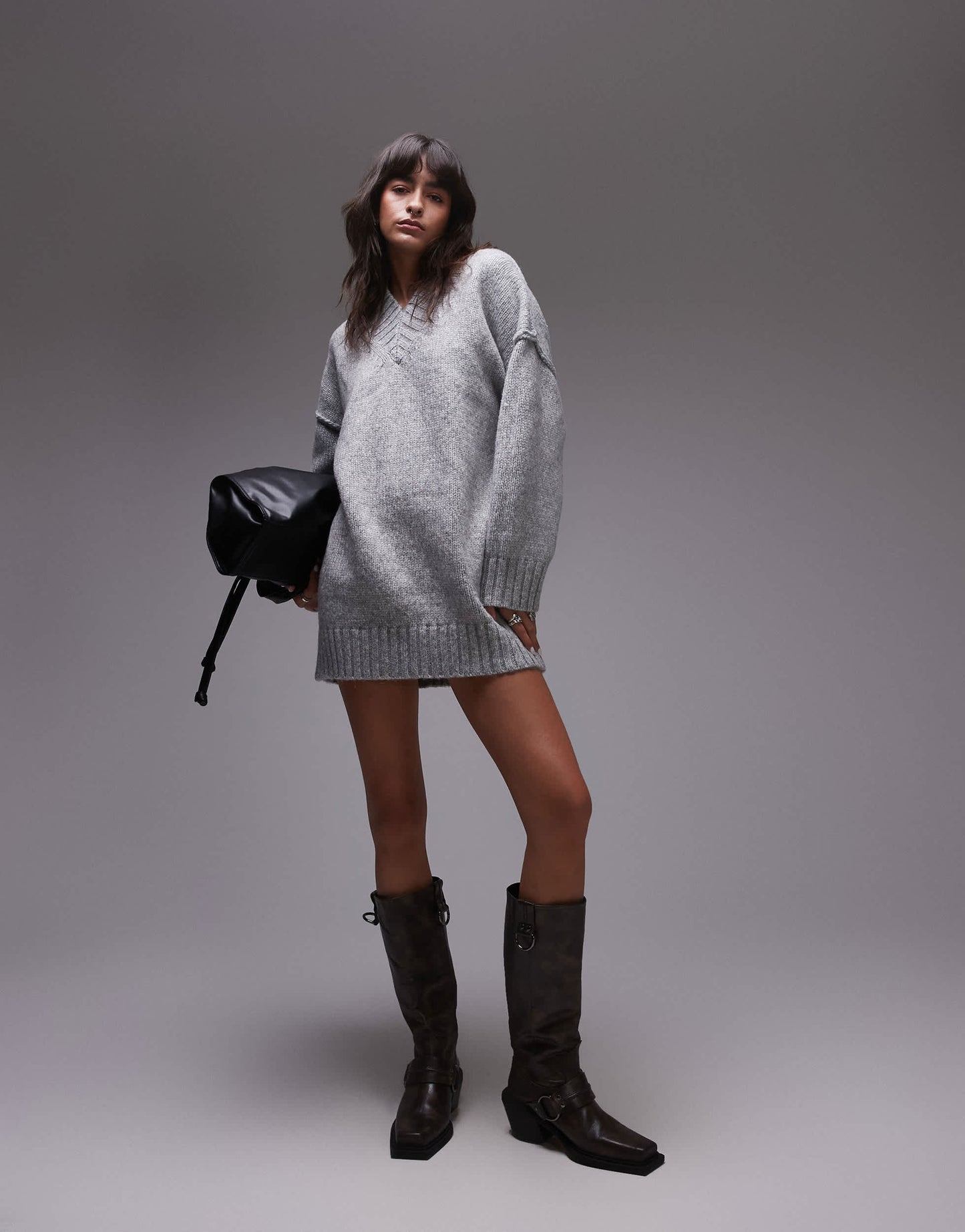 Topshop knitted high v-neck mini oversized dress in grey malonge