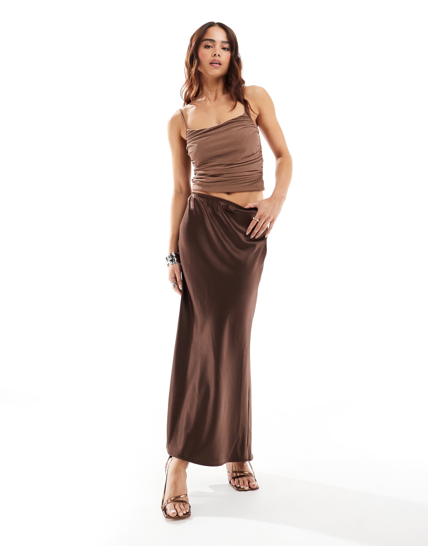 New Look ruched mesh cami top in mid brown