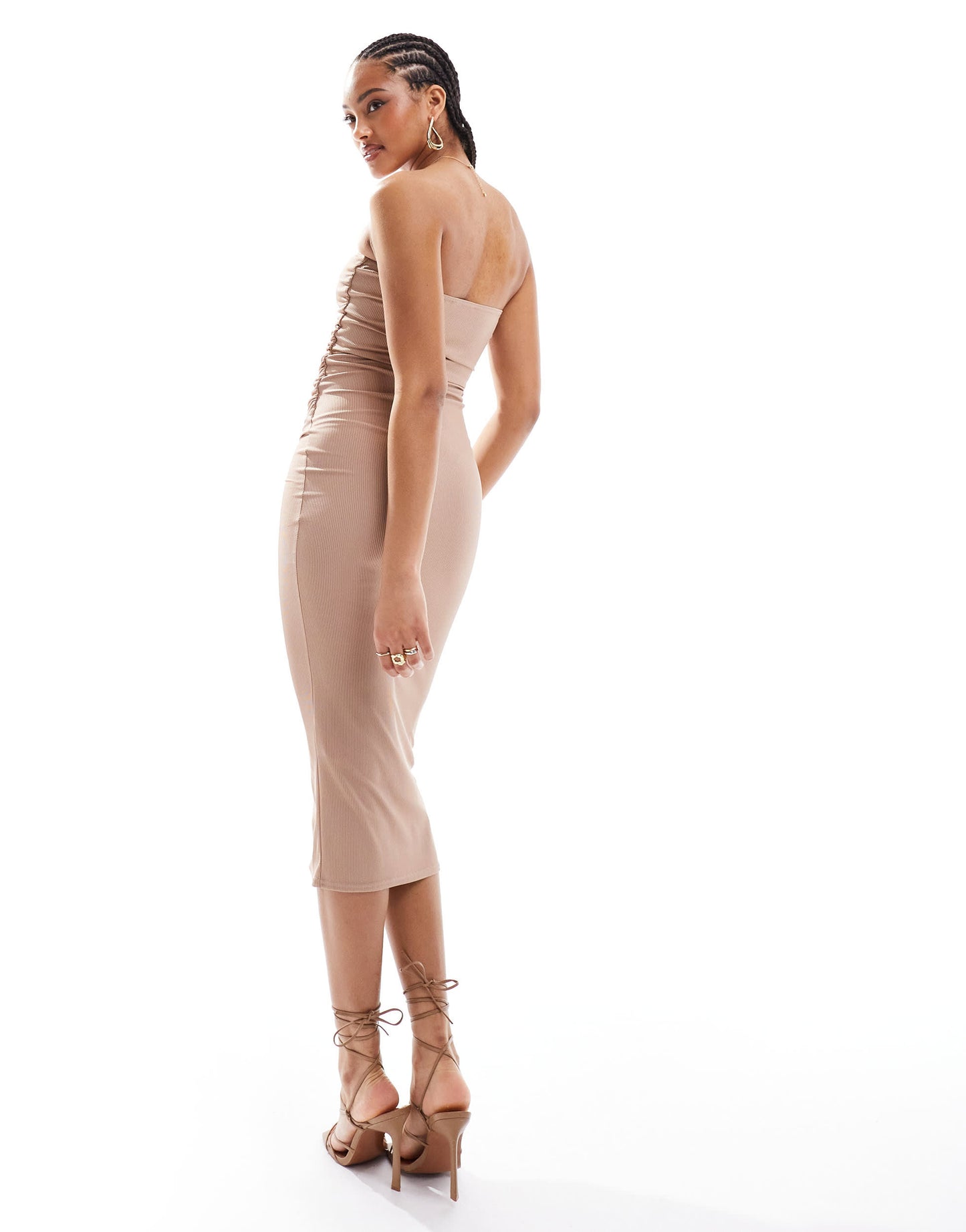 New Look ribbed bandeau midi dress in camel