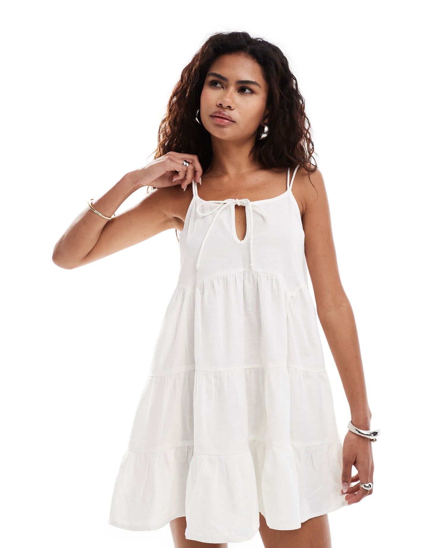 COLLUSION cotton woven tiered sun dress with bunny tie and ring detail in white - WHITE