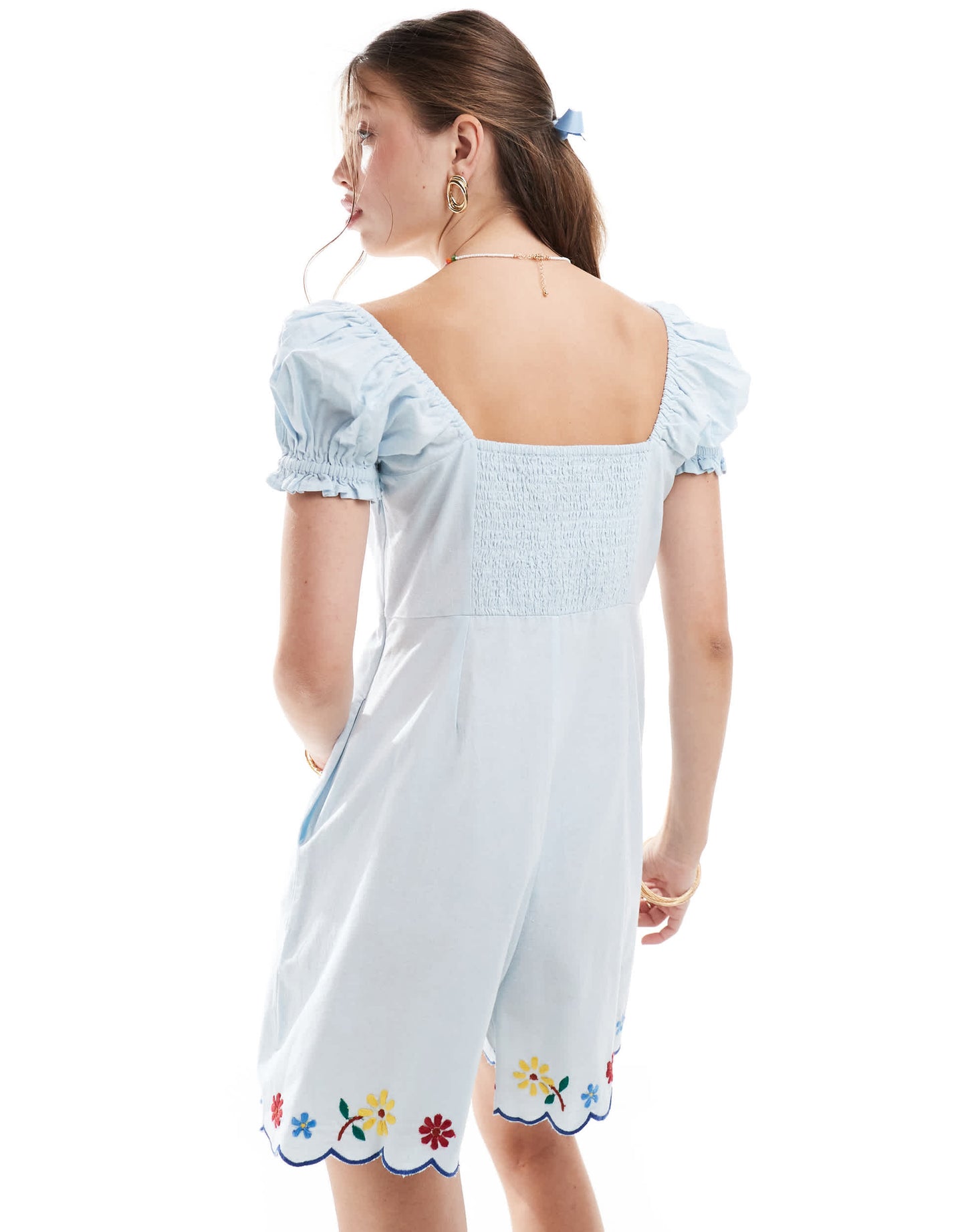 ASOS DESIGN embroidered peter pan collar playsuit in ice blue