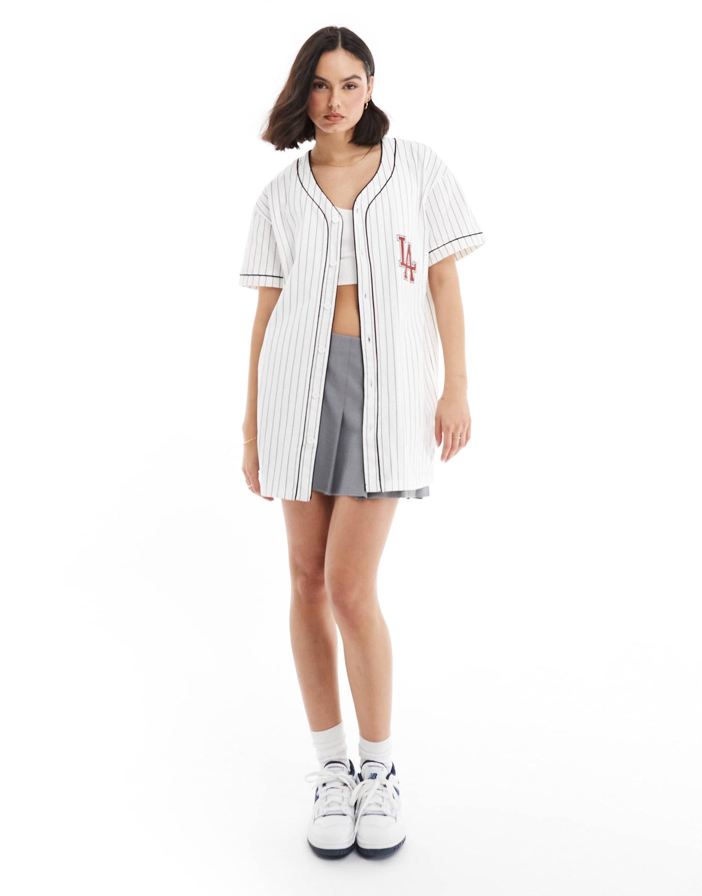 Miss Selfridge Los Angeles 91 graphic baseball tunic in blue and white stripe