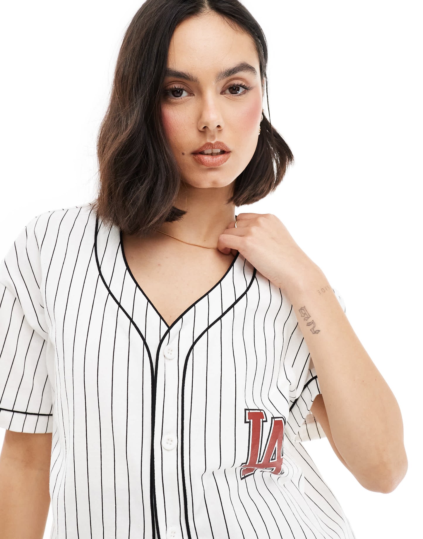 Miss Selfridge Los Angeles 91 graphic baseball tunic in blue and white stripe