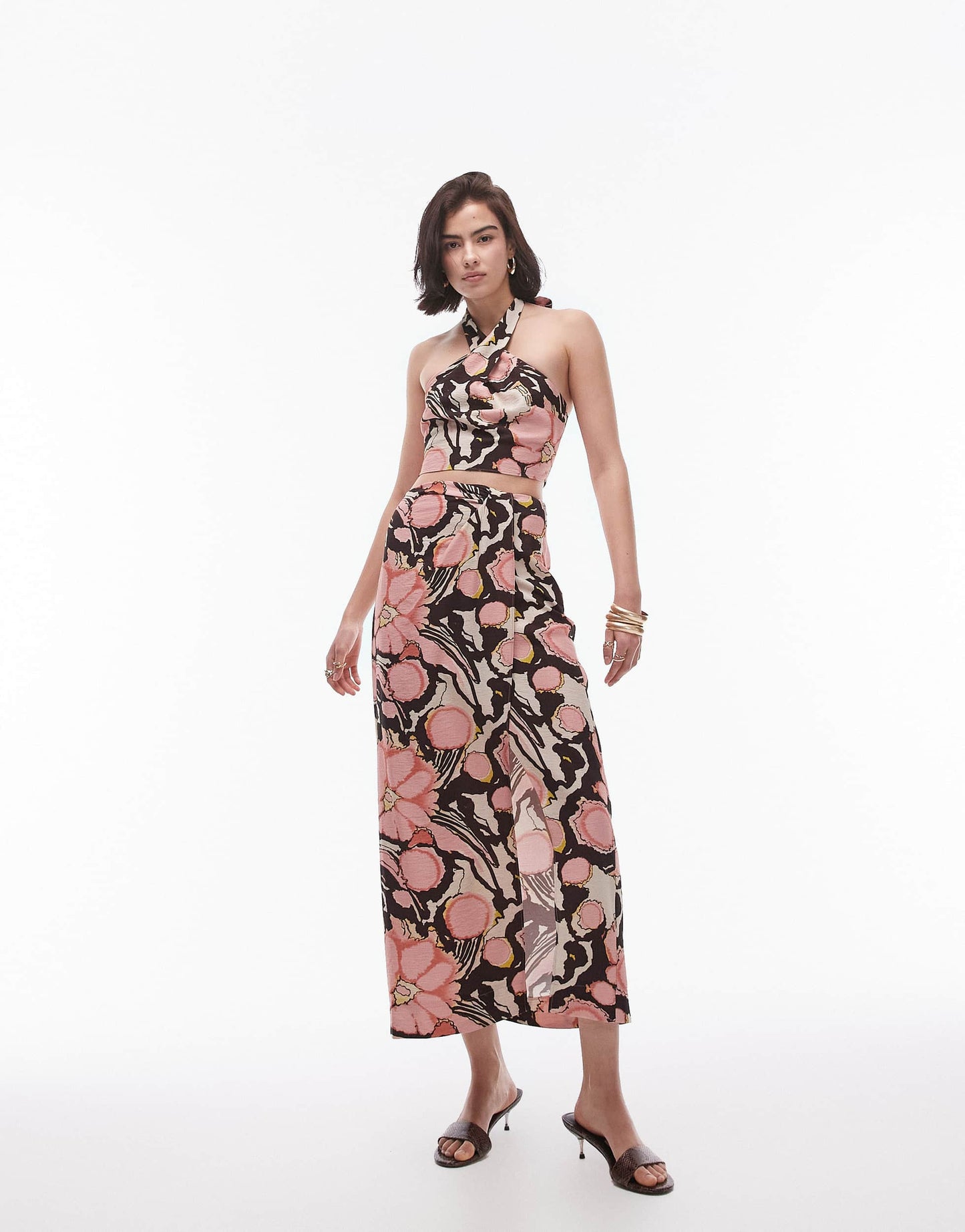 Topshop co-ord twist halter top in paw print flower