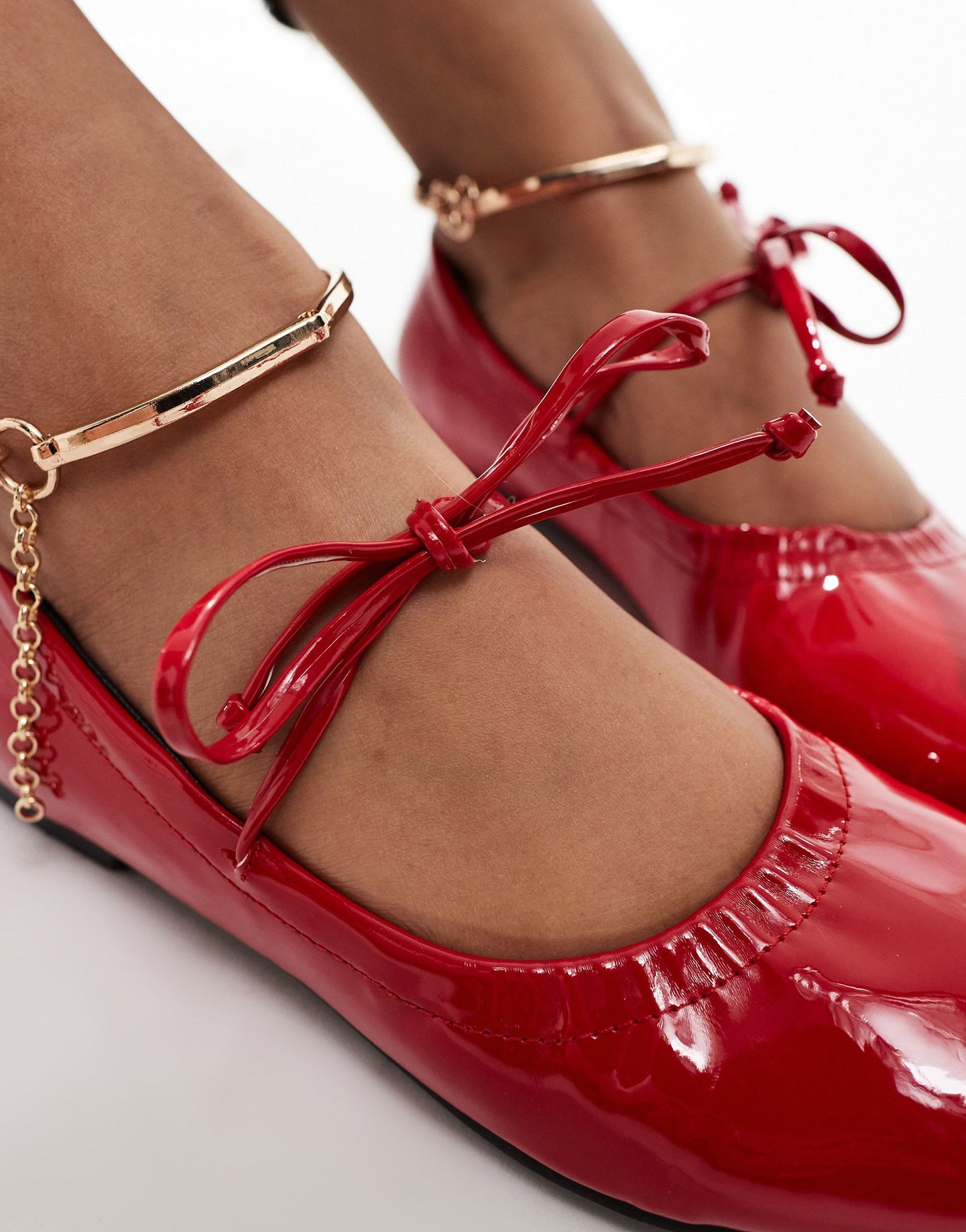 Simmi London Wide Fit Abbie Bow ballet flats with ruch detail and removable anklet in red