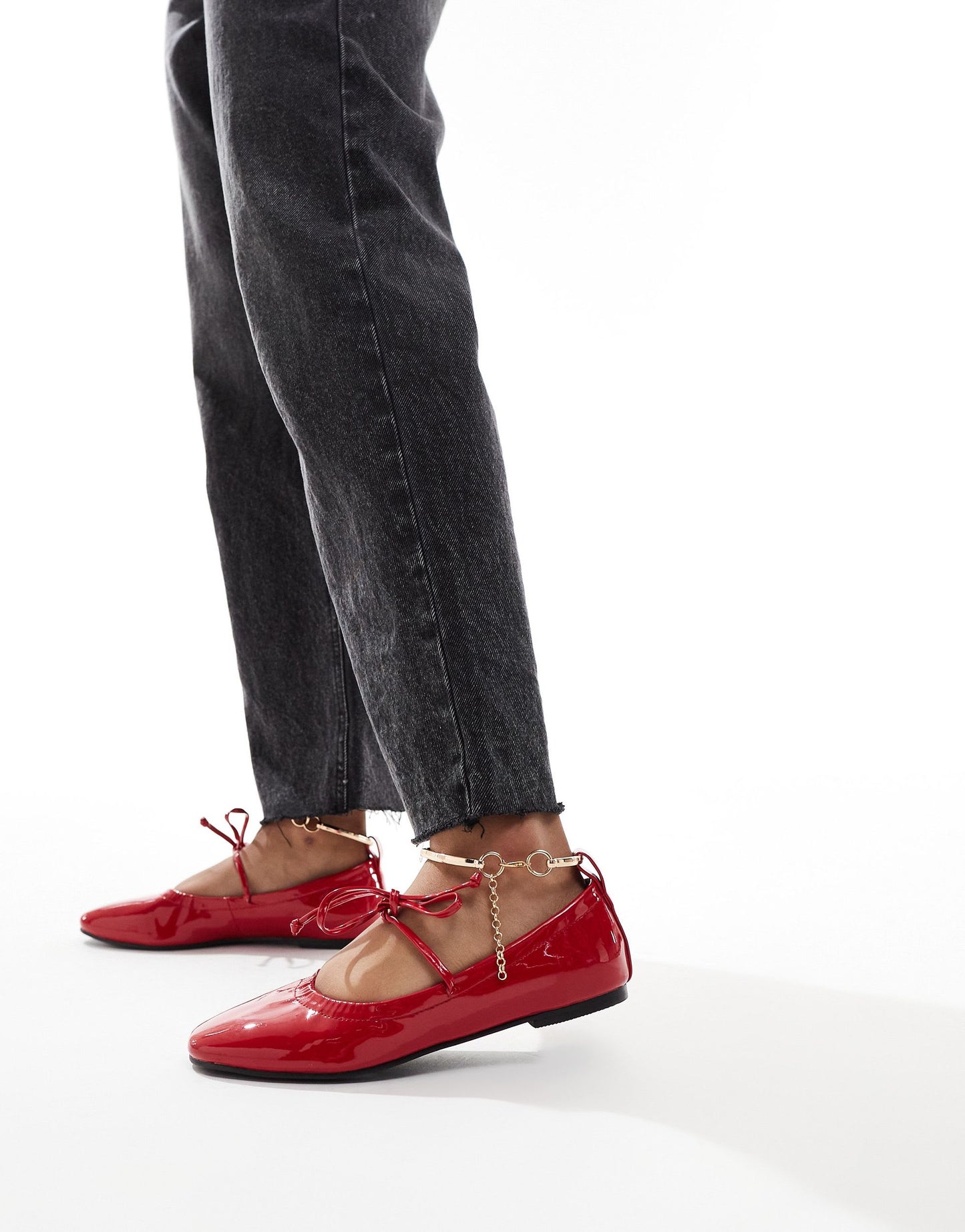 Simmi London Wide Fit Abbie Bow ballet flats with ruch detail and removable anklet in red