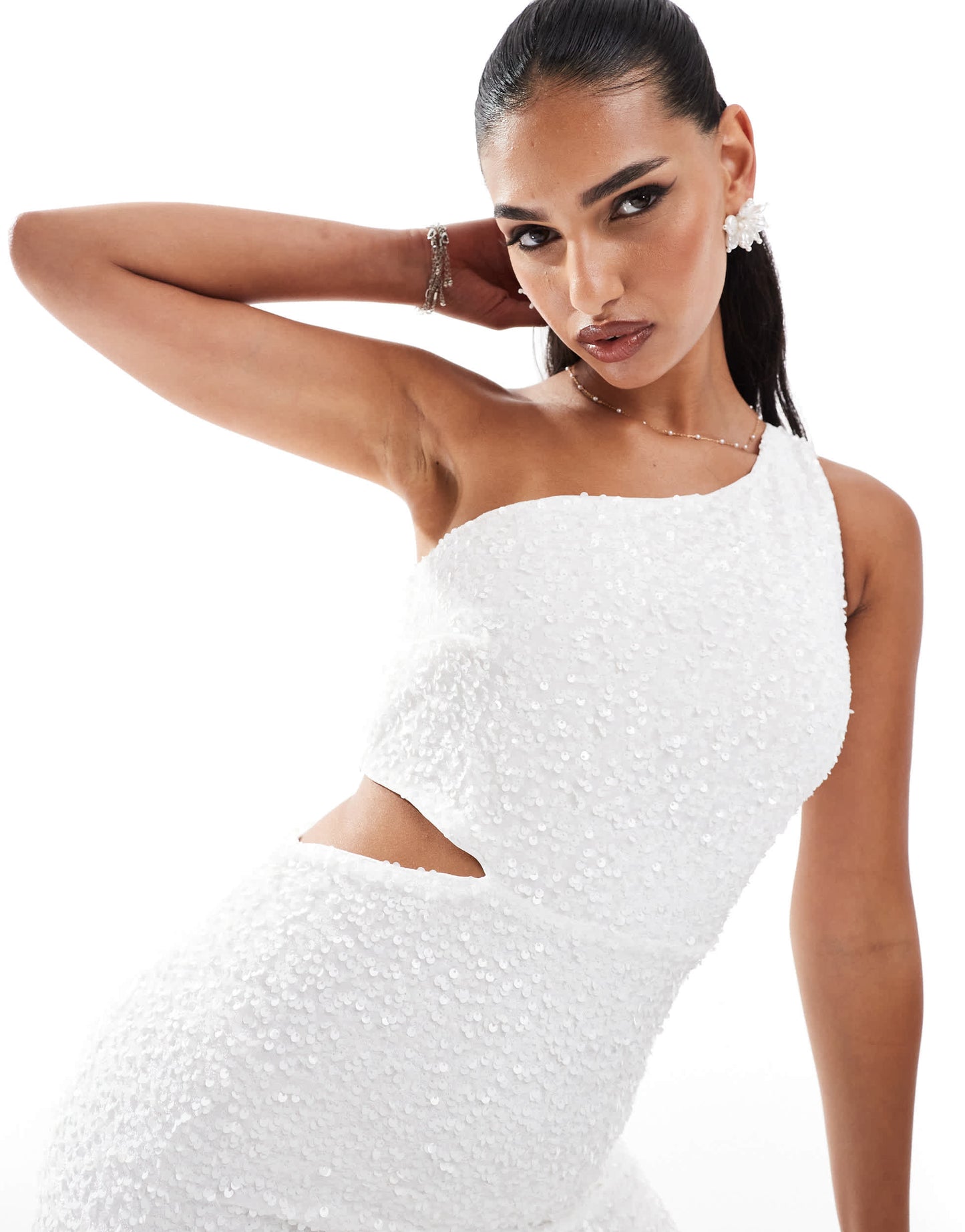 New Look sequin one shoulder mini dress in white