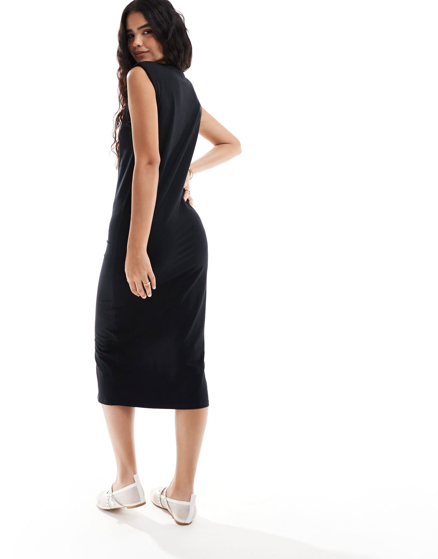 New Look midi dress with shoulder pads in black